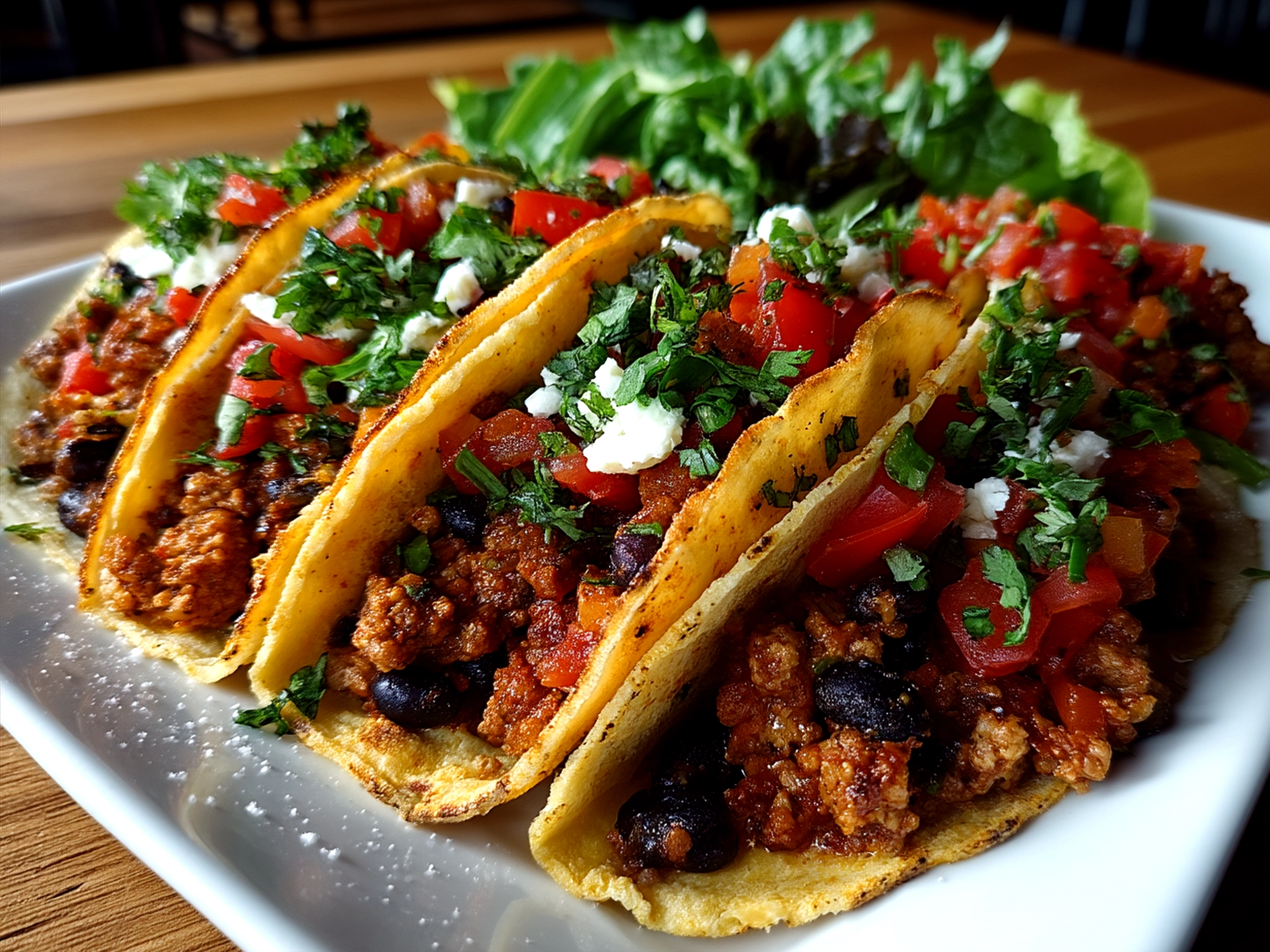 Serving Crispy Baked Ground Turkey Black Bean Tacos with fresh toppings and vibrant colors