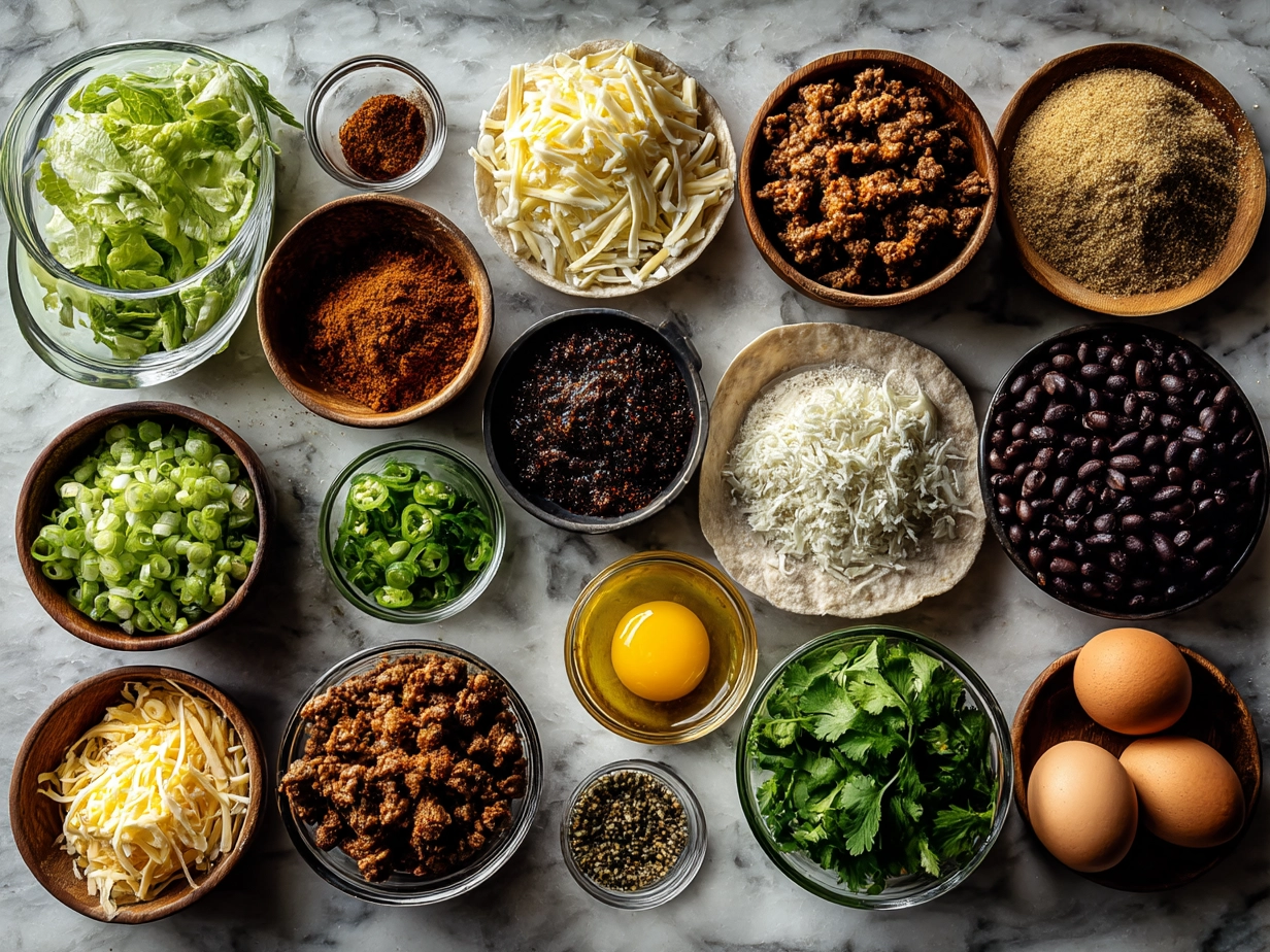 Ingredients for Crispy Baked Ground Turkey Black Bean Tacos including ground turkey, black beans, onion, garlic, and taco shells
