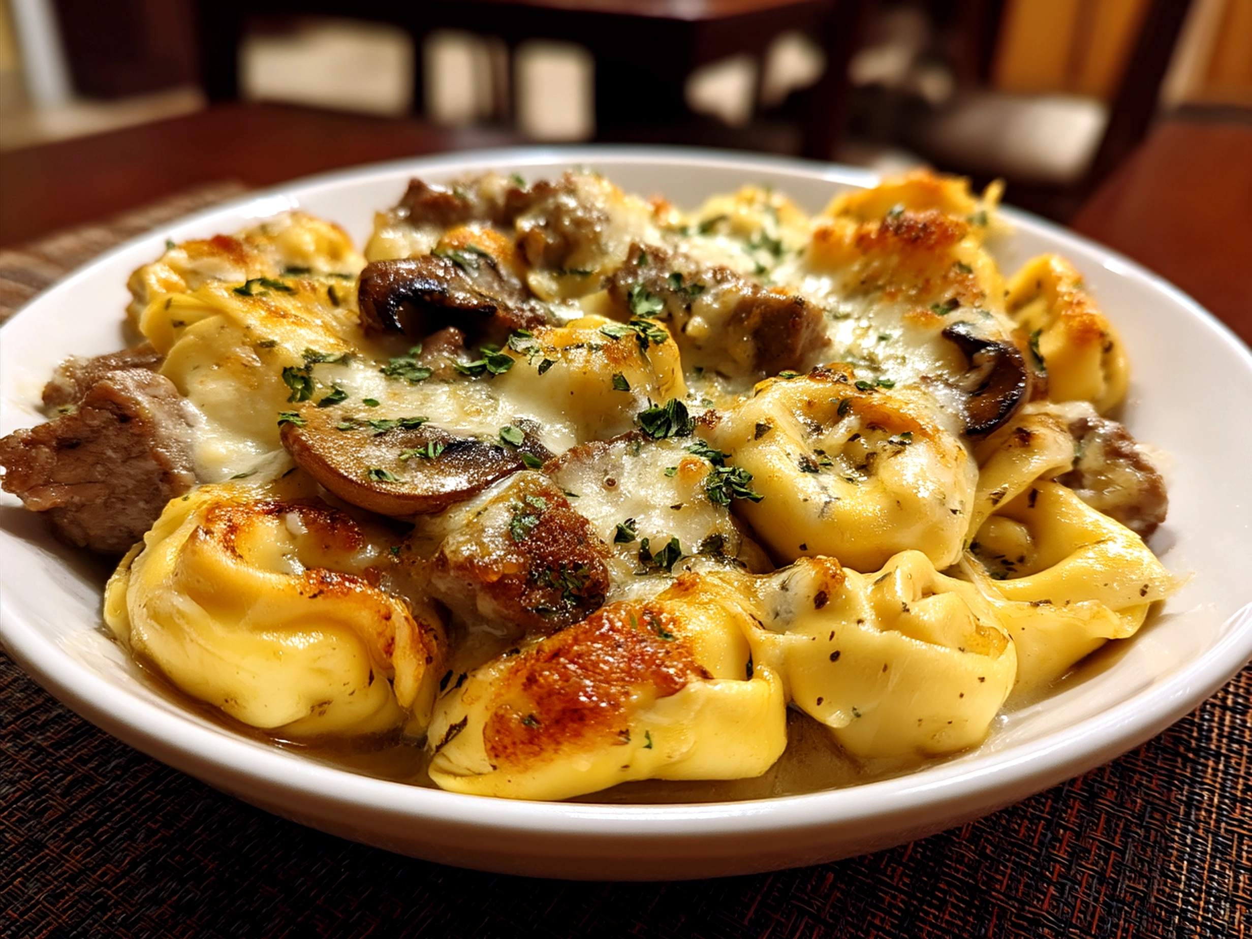 Serving platter of Crock Pot Cheesesteak Tortellini topped with shredded cheese and fresh herbs