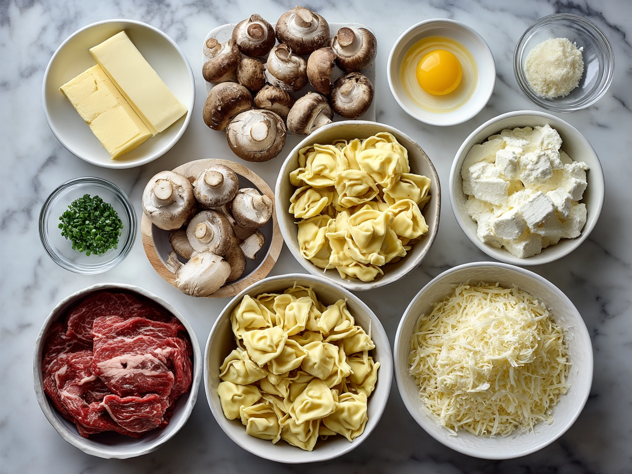 Ingredients for Crock Pot Cheesesteak Tortellini including sliced beef, frozen tortellini, onions, bell peppers, and cheese
