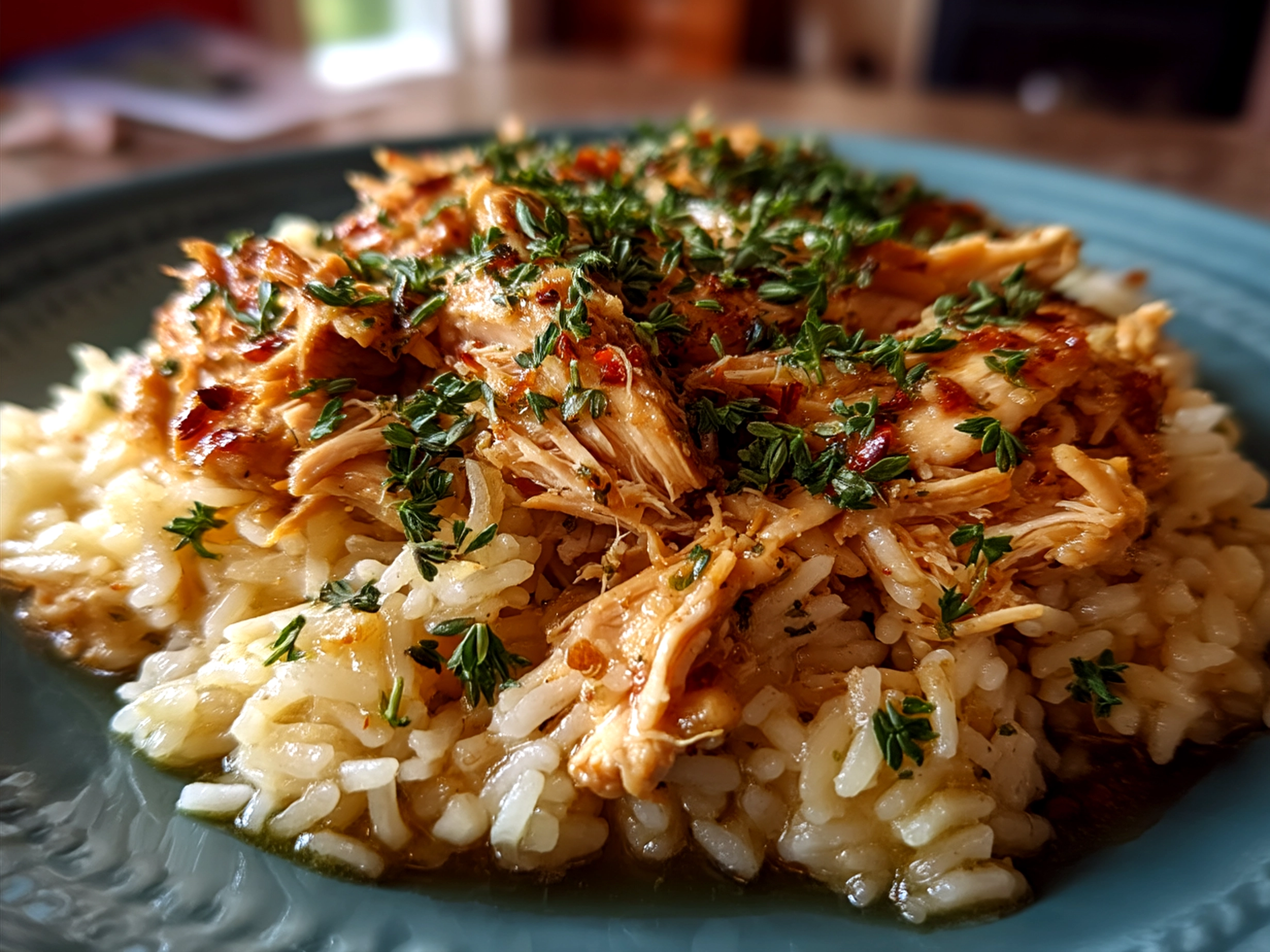 Served Crock Pot Chicken and Rice in a bowl garnished with parsley