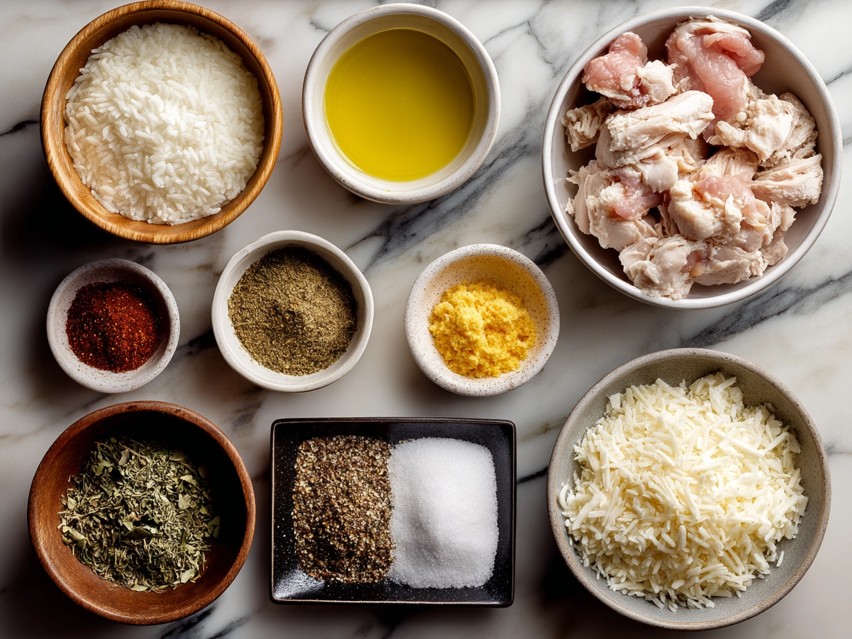 Ingredients displayed for Crock Pot Chicken and Rice including chicken thighs, rice, onions, and vegetables