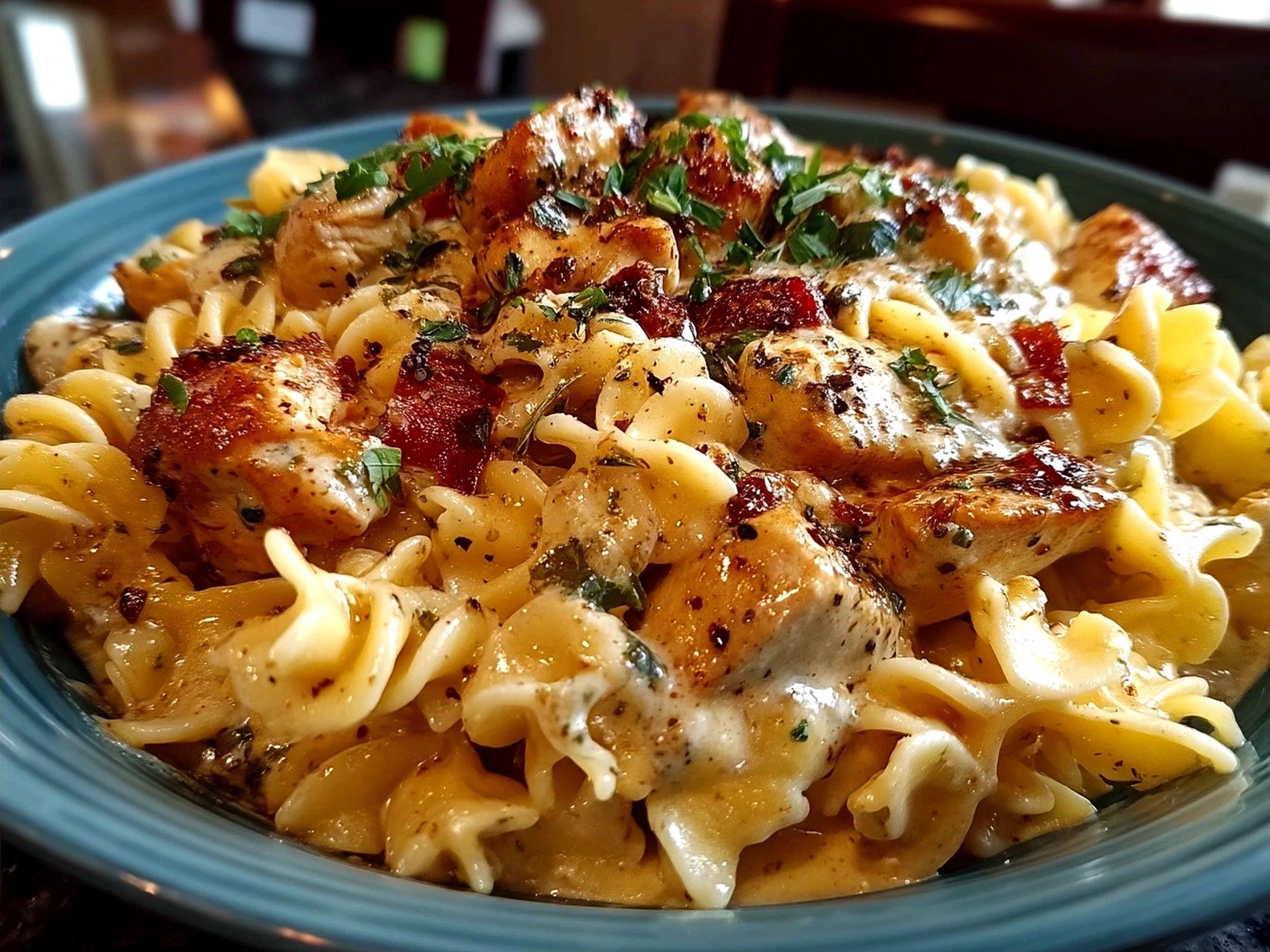 Serving of Crock Pot Creamy Cajun Chicken Pasta on a plate with garnish