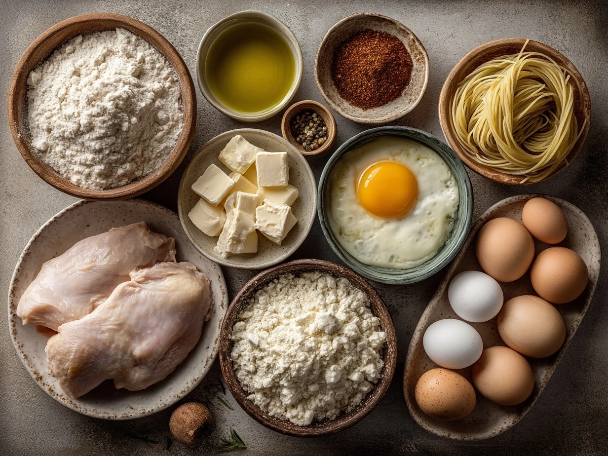 Ingredients for Crock Pot Creamy Cajun Chicken Pasta including chicken, spices, cream, cheese, pasta, and vegetables