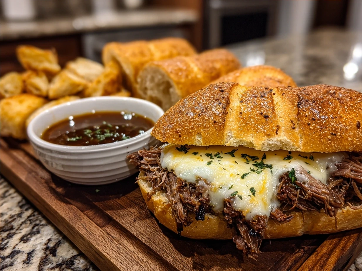 Finished Crockpot French Dip Sandwiches served with au jus sauce and sides