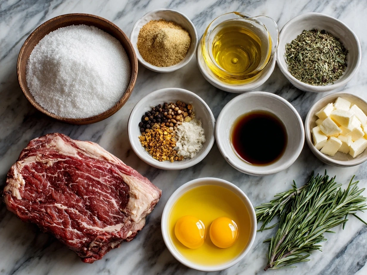Ingredients for Crockpot French Dip Sandwiches laid out neatly