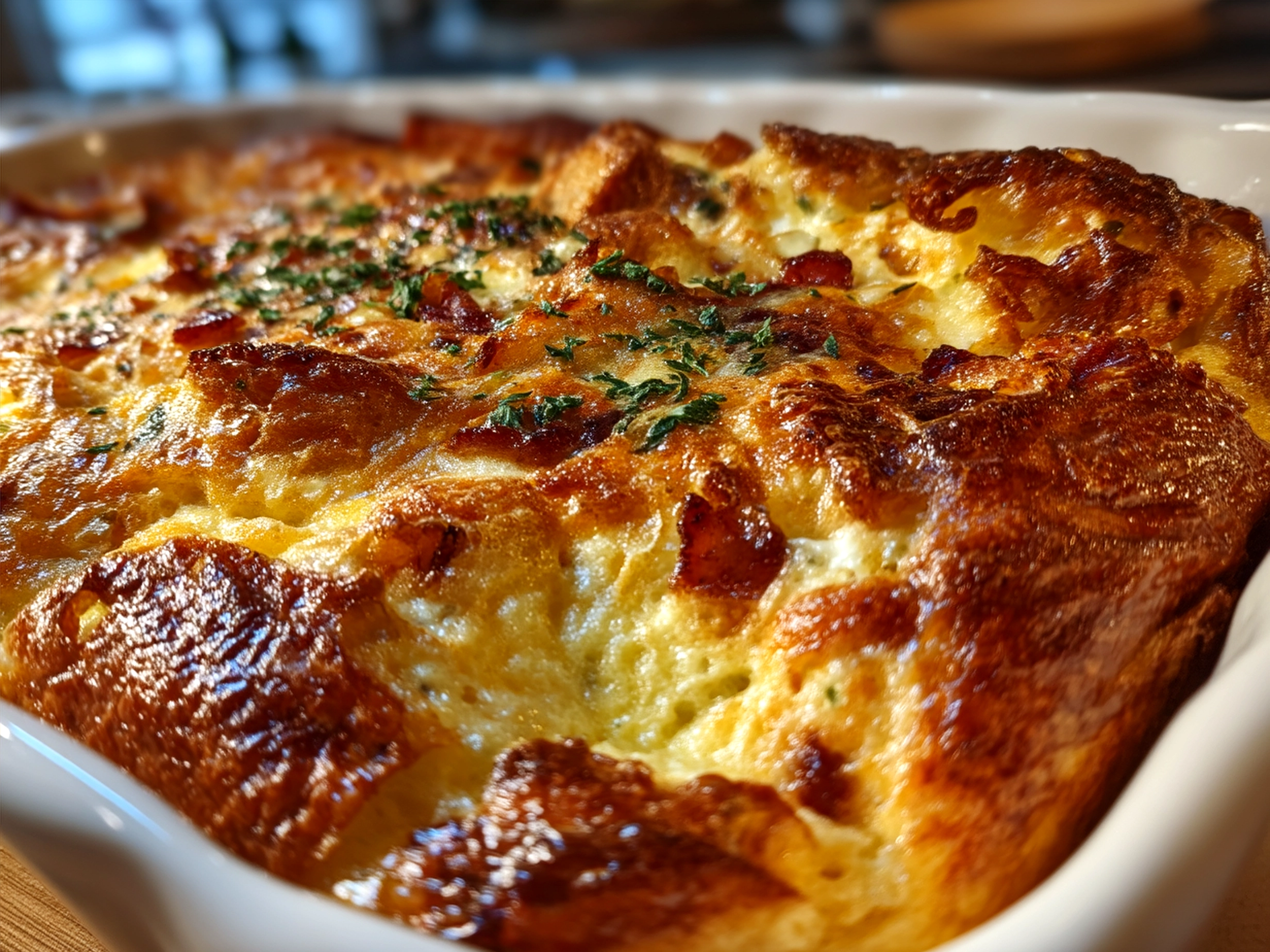 Served Croissant Breakfast Casserole sliced and garnished with fresh herbs on a plate