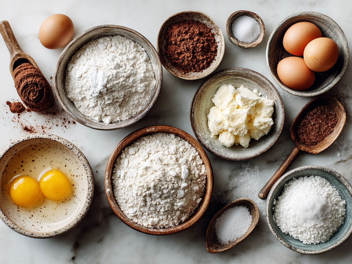 Ingredients for Croissant Breakfast Casserole including croissants, eggs, milk, cheddar, mozzarella, bacon, bell peppers, onion, garlic, and spices