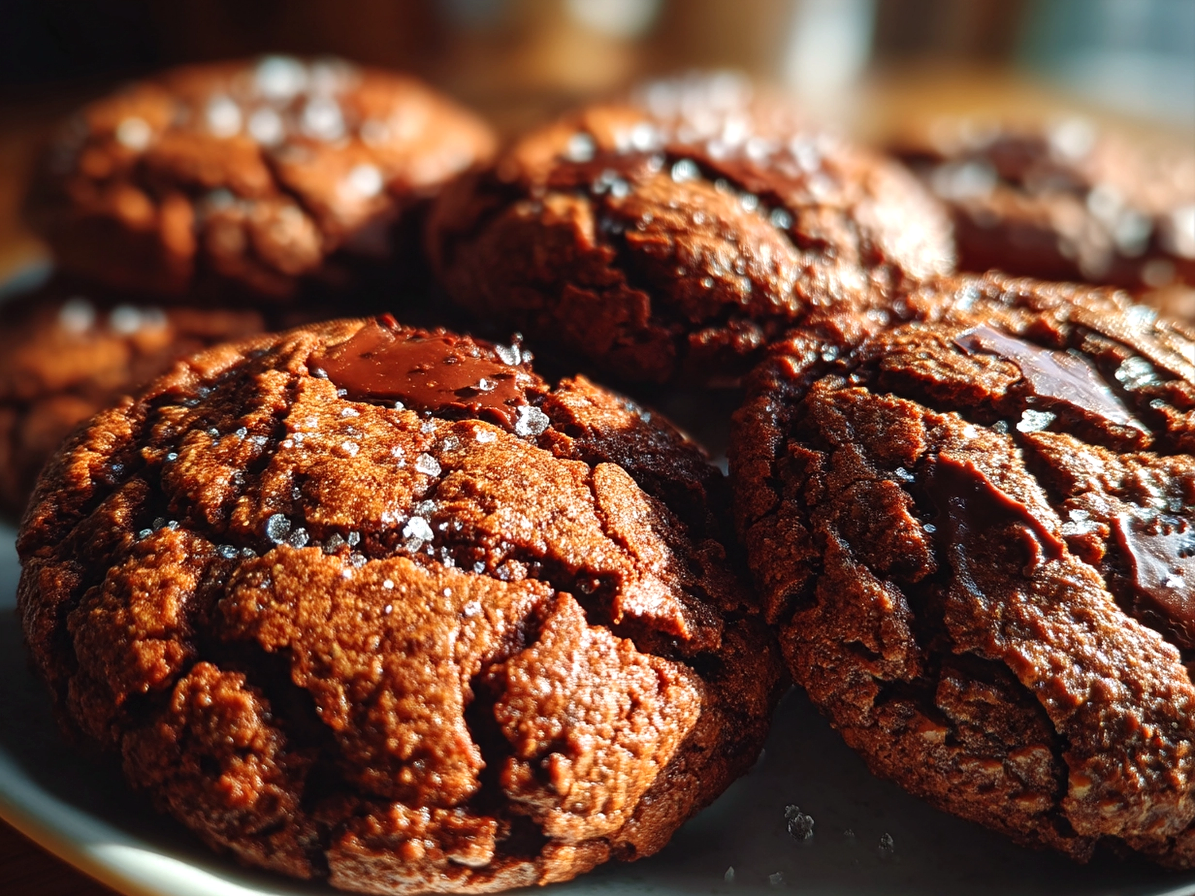 Serving platter with fresh Double Chocolate Sourdough Cookies and a glass of milk