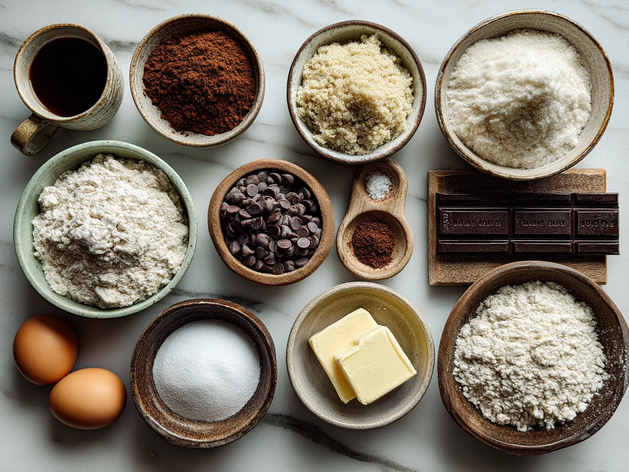 Ingredients for Double Chocolate Sourdough Cookies laid out neatly