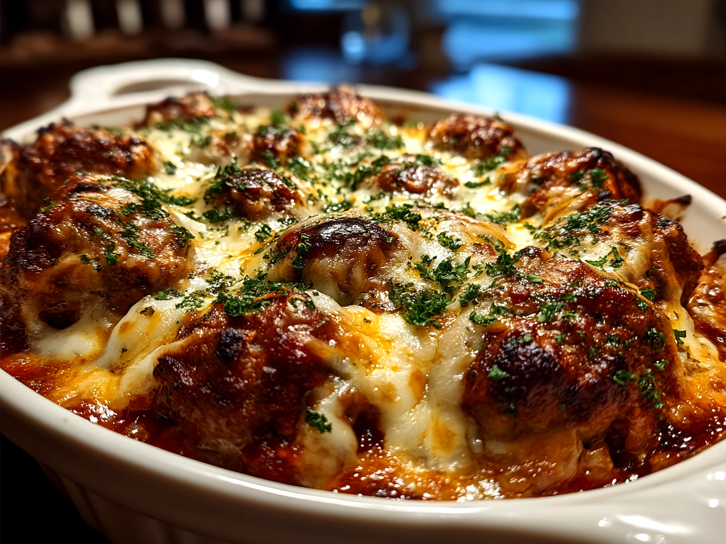 Serving of Dump-and-Bake Meatball Casserole on a dinner table with salad and garlic bread