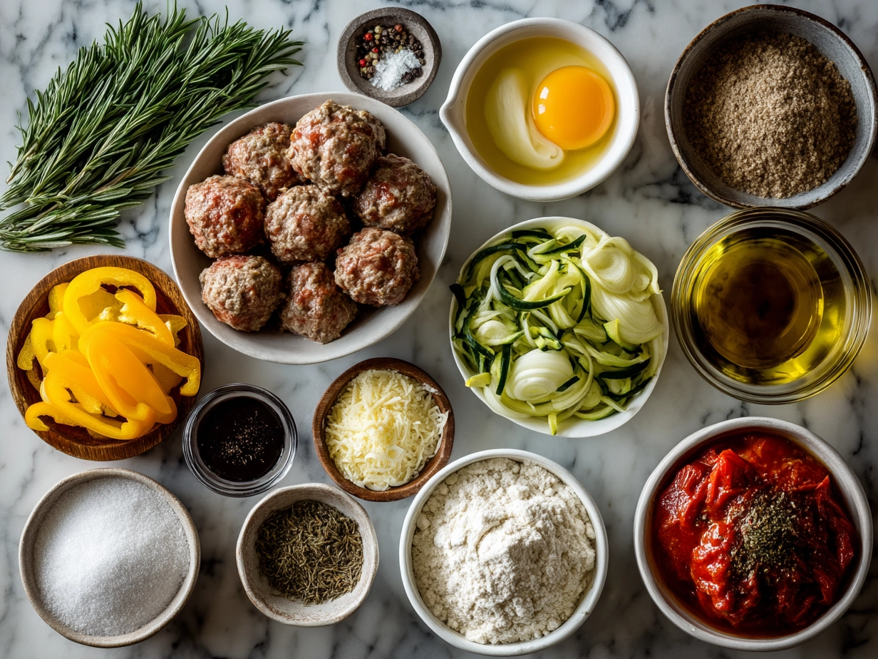 Ingredients for Dump-and-Bake Meatball Casserole on a kitchen countertop