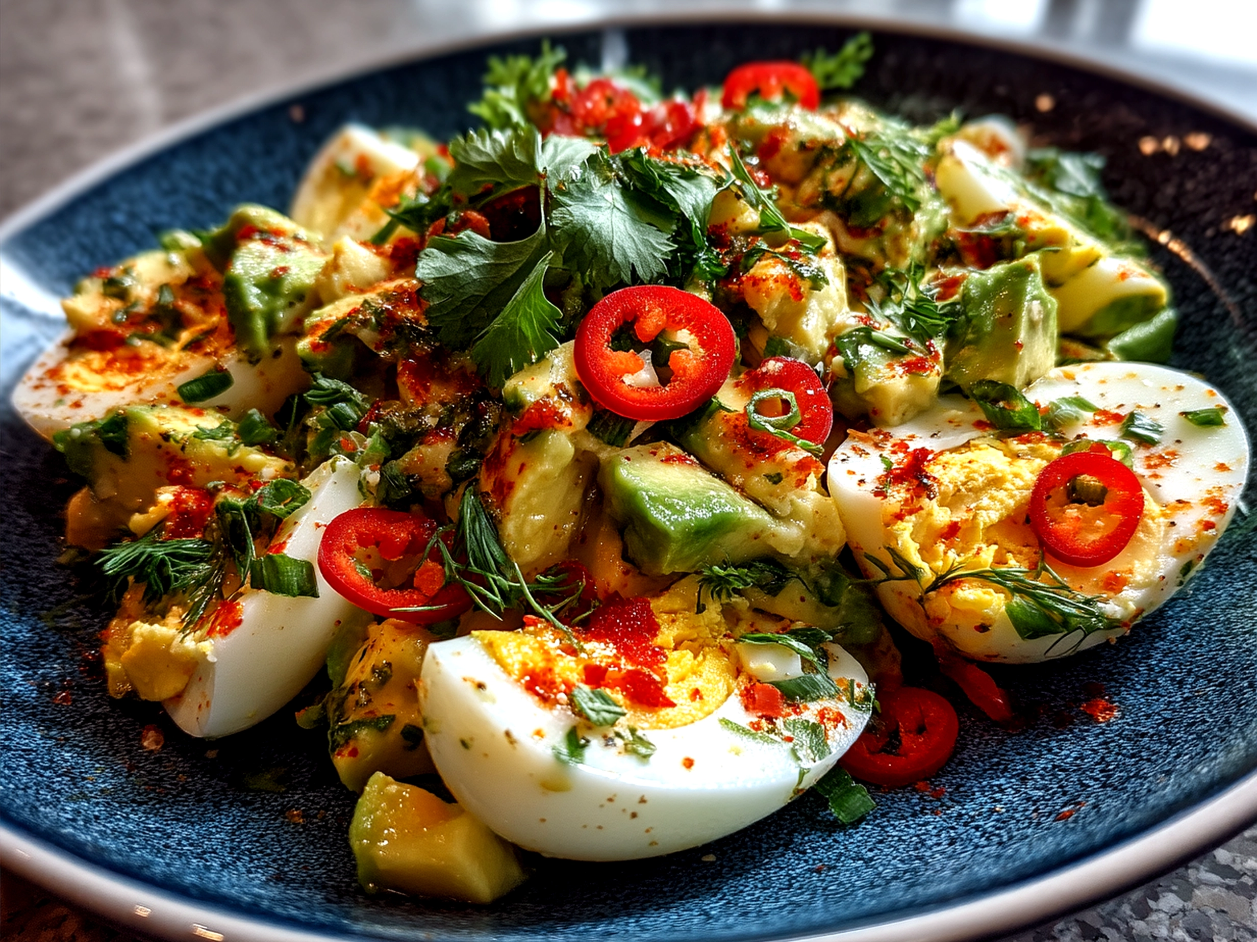 Egg Avocado Salad served on toasted bread with fresh herbs