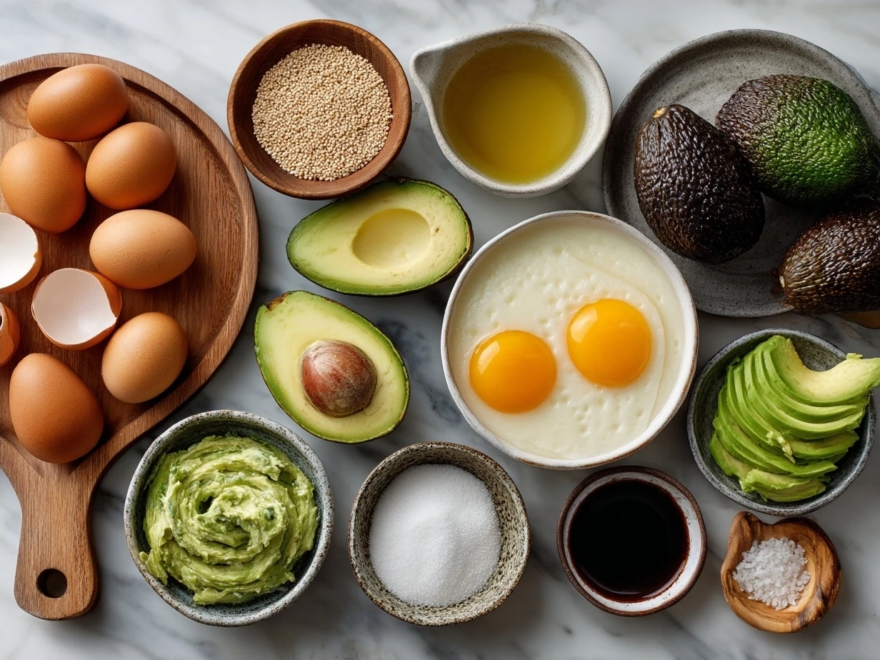 Ingredients for Egg Avocado Salad: eggs, avocado, Greek yogurt, lemon, mustard, and herbs