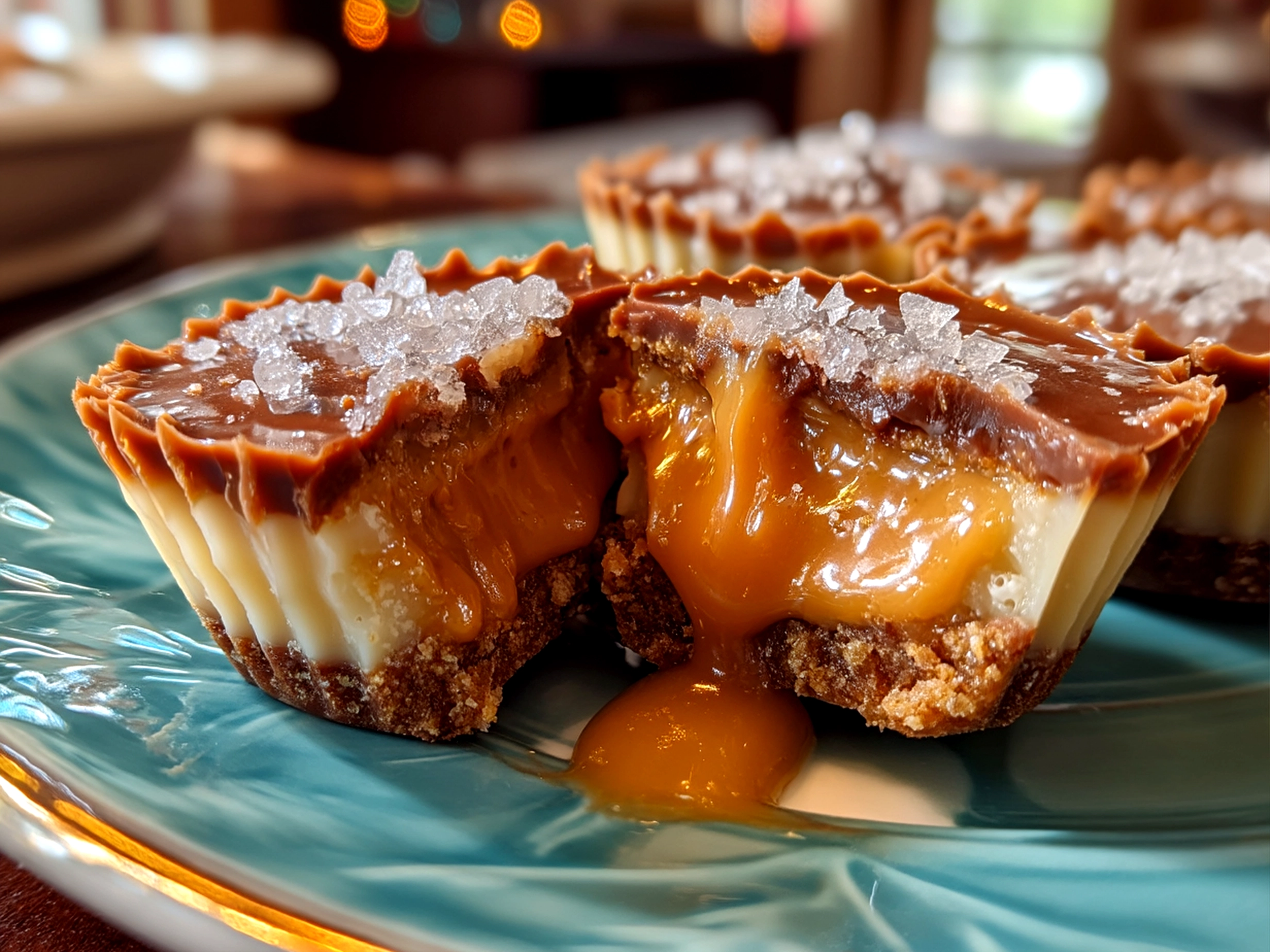 Finished beautiful white chocolate peanut butter cups with sauce smears on plate