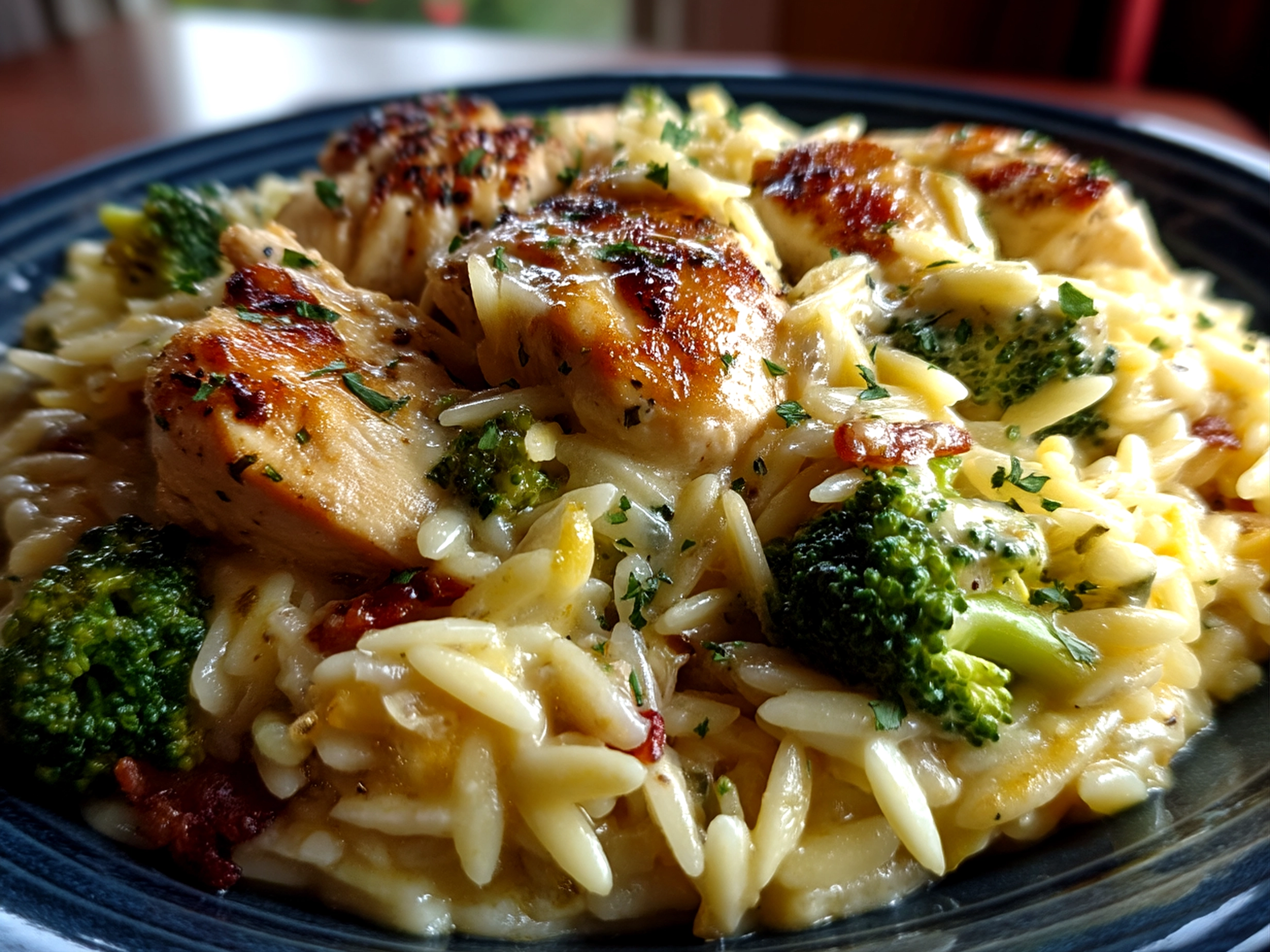 Close-up of finished cheesy chicken broccoli orzo served in a bowl
