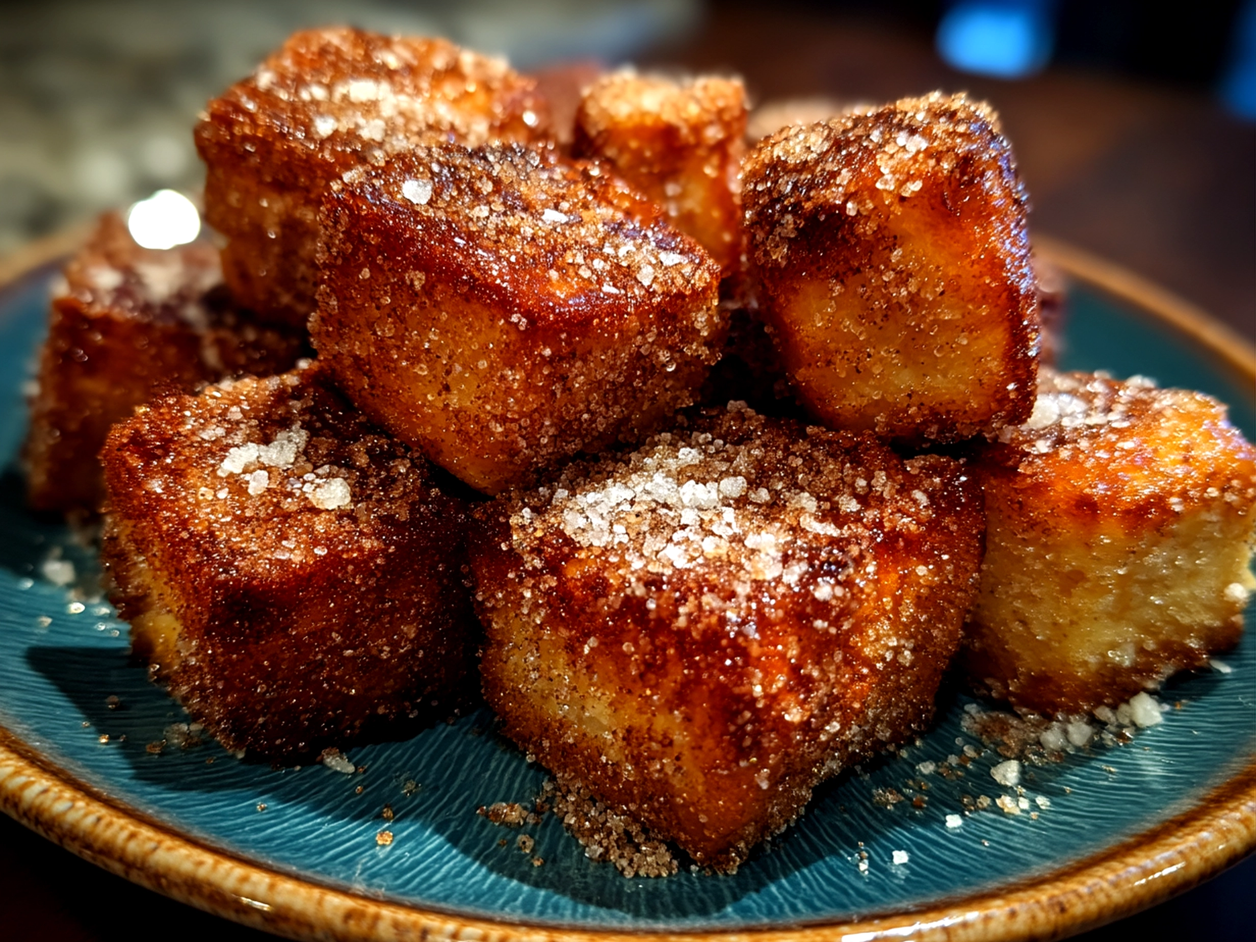 Close up of finished Cinnamon Sugar Sourdough Churro Bites showcasing the cinnamon sugar coating