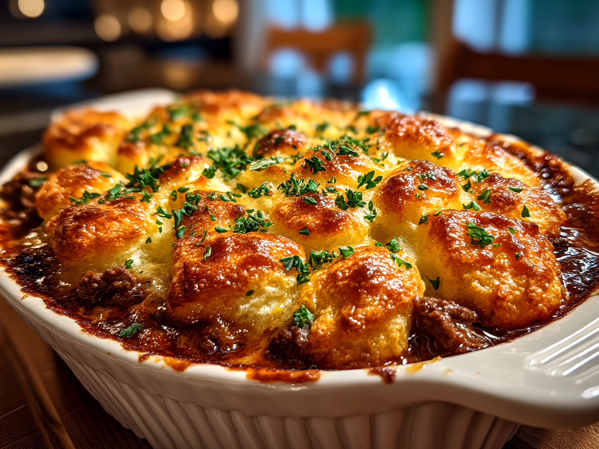 Close-up of finished warm and cheesy Cattle Drive Casserole fresh from the oven