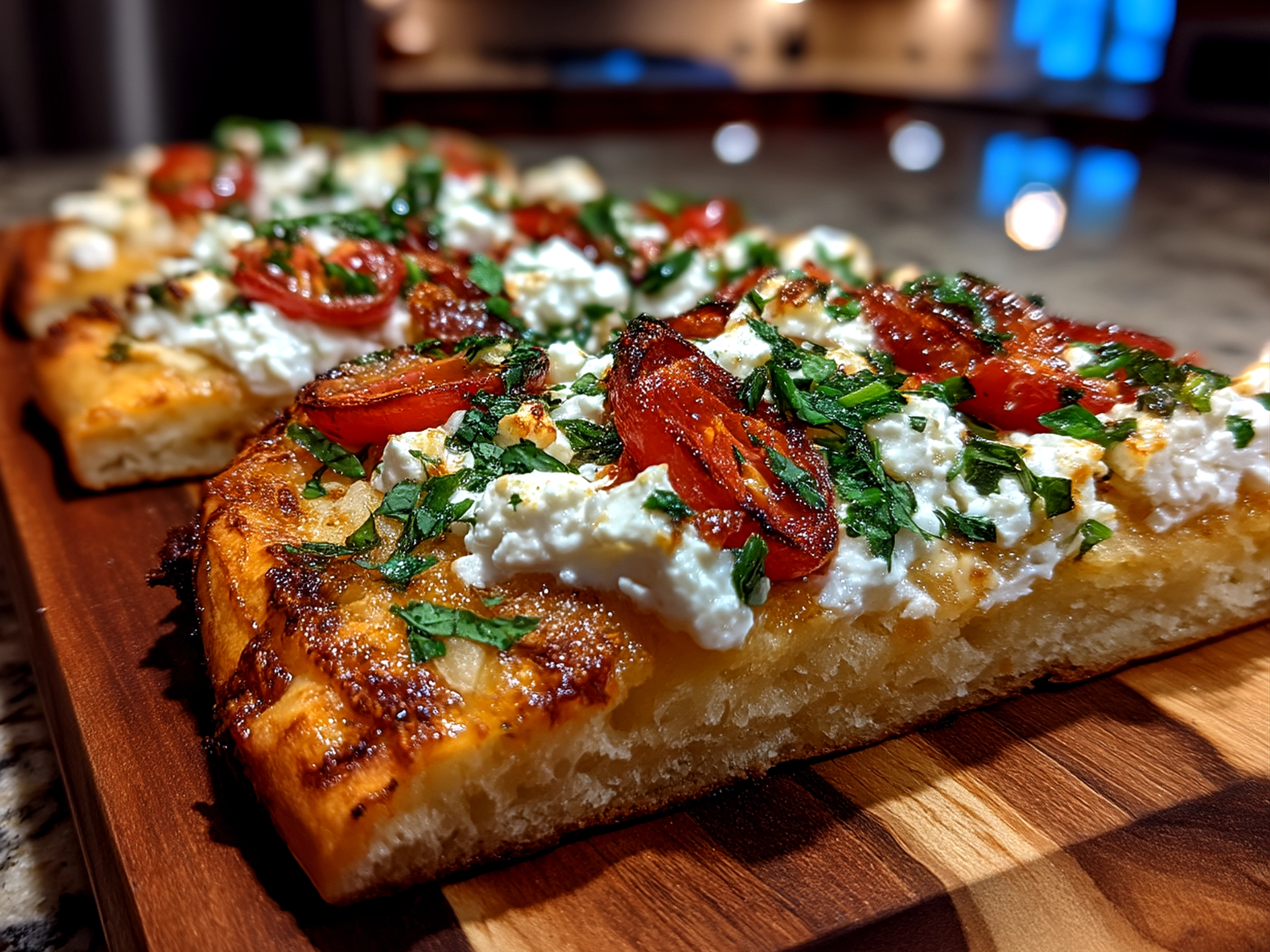Finished cottage cheese flatbread pizza with fresh basil garnish served on a wooden board
