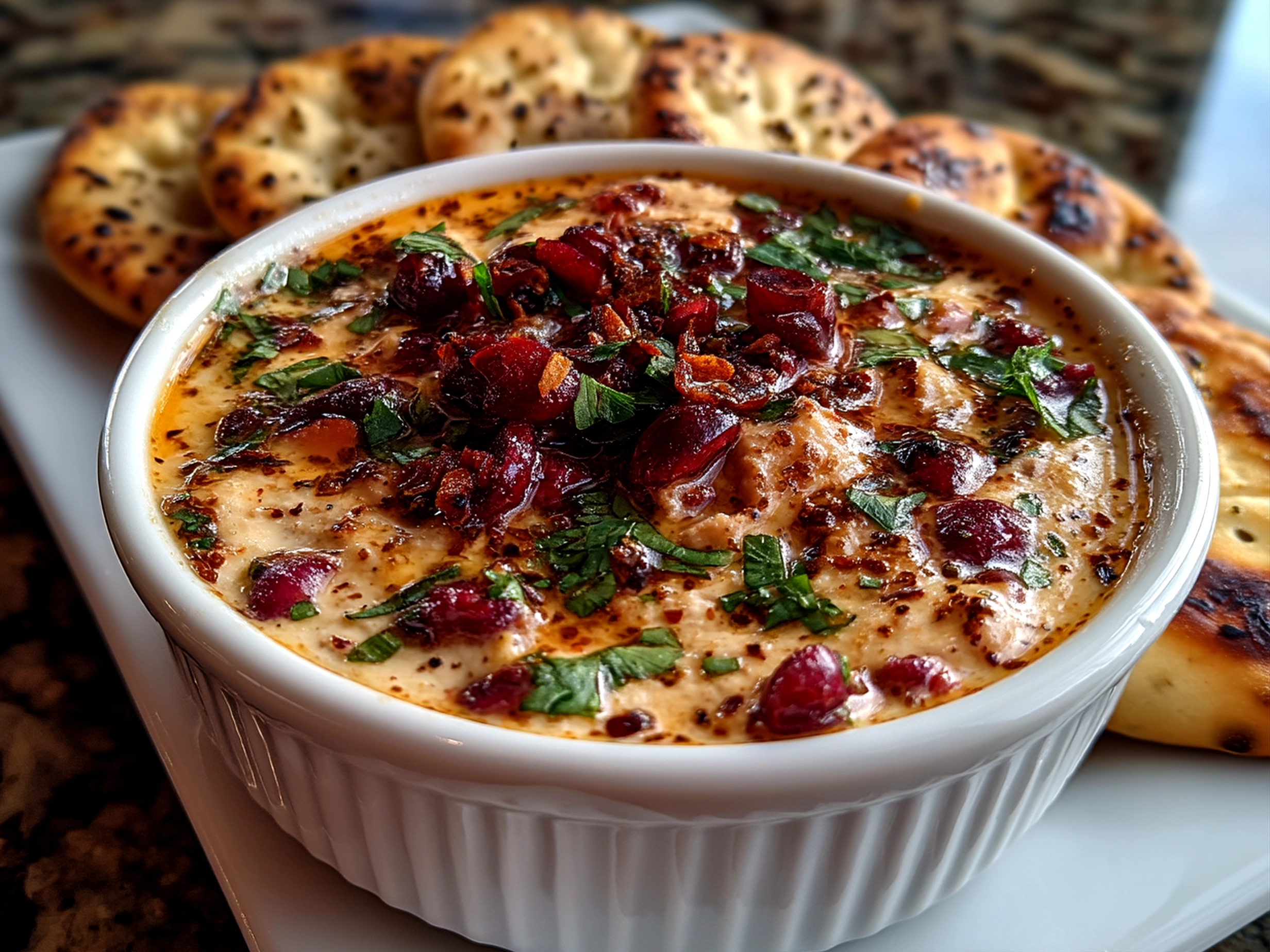 Close-up view of finished Cranberry Jalapeno Dip with garnish