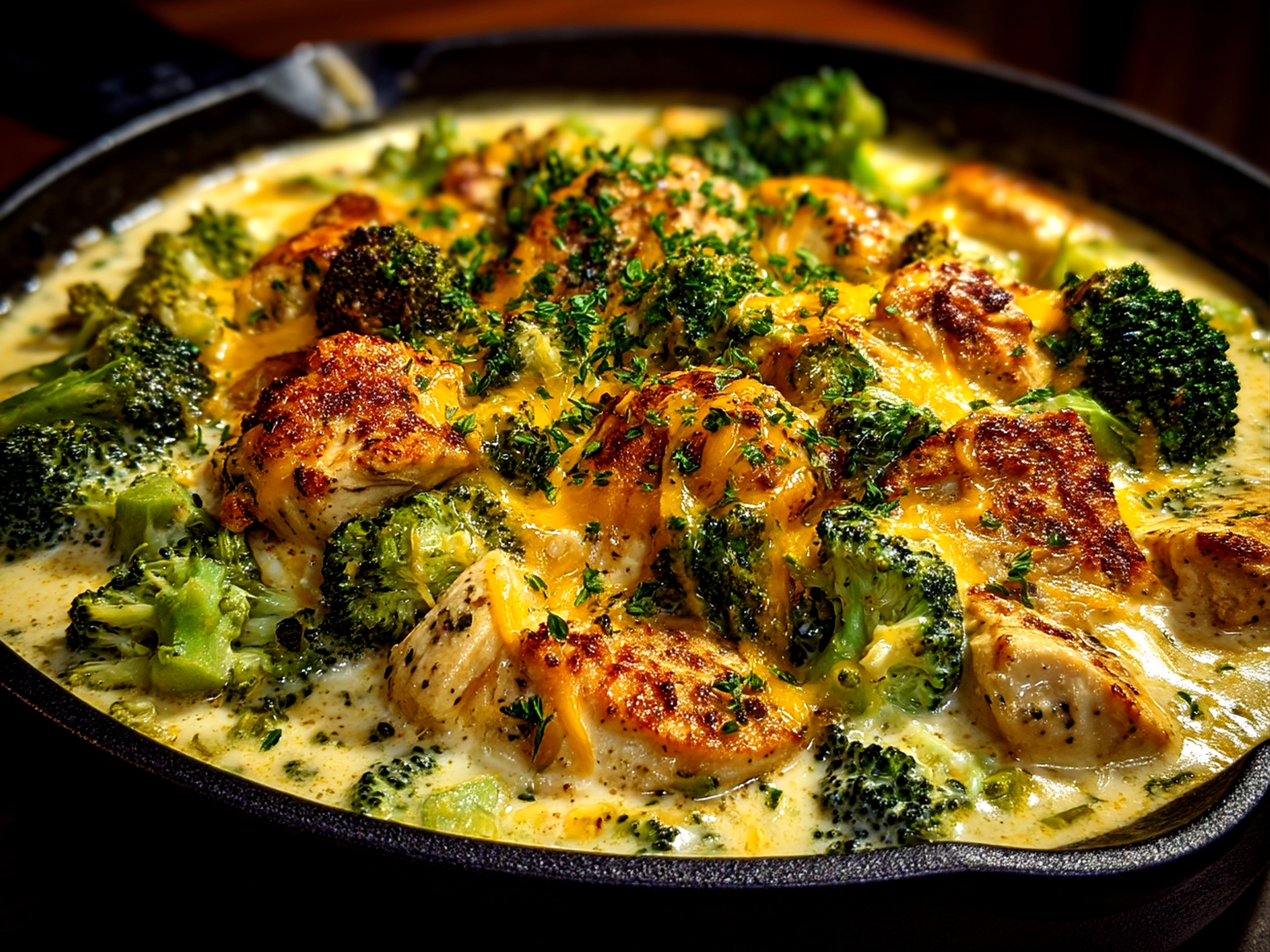 Close-up of finished creamy broccoli cheddar chicken with melted cheddar cheese and fresh broccoli.