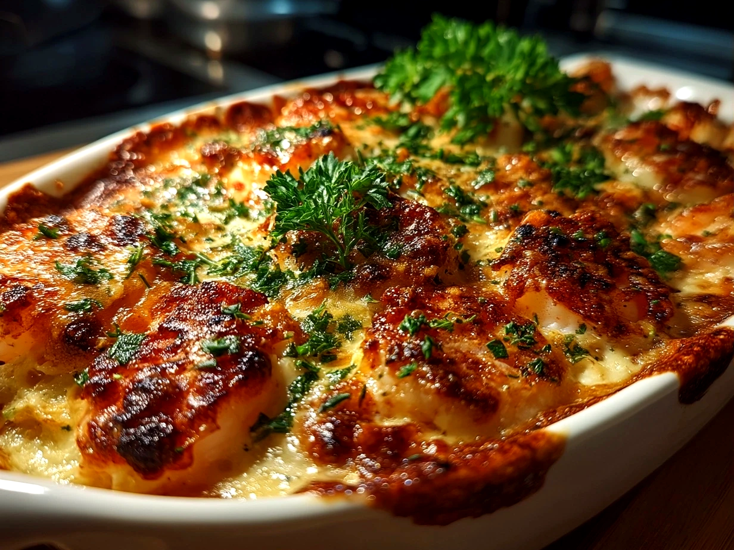 Close-up of finished creamy seafood gratin with golden crust and cheese topping