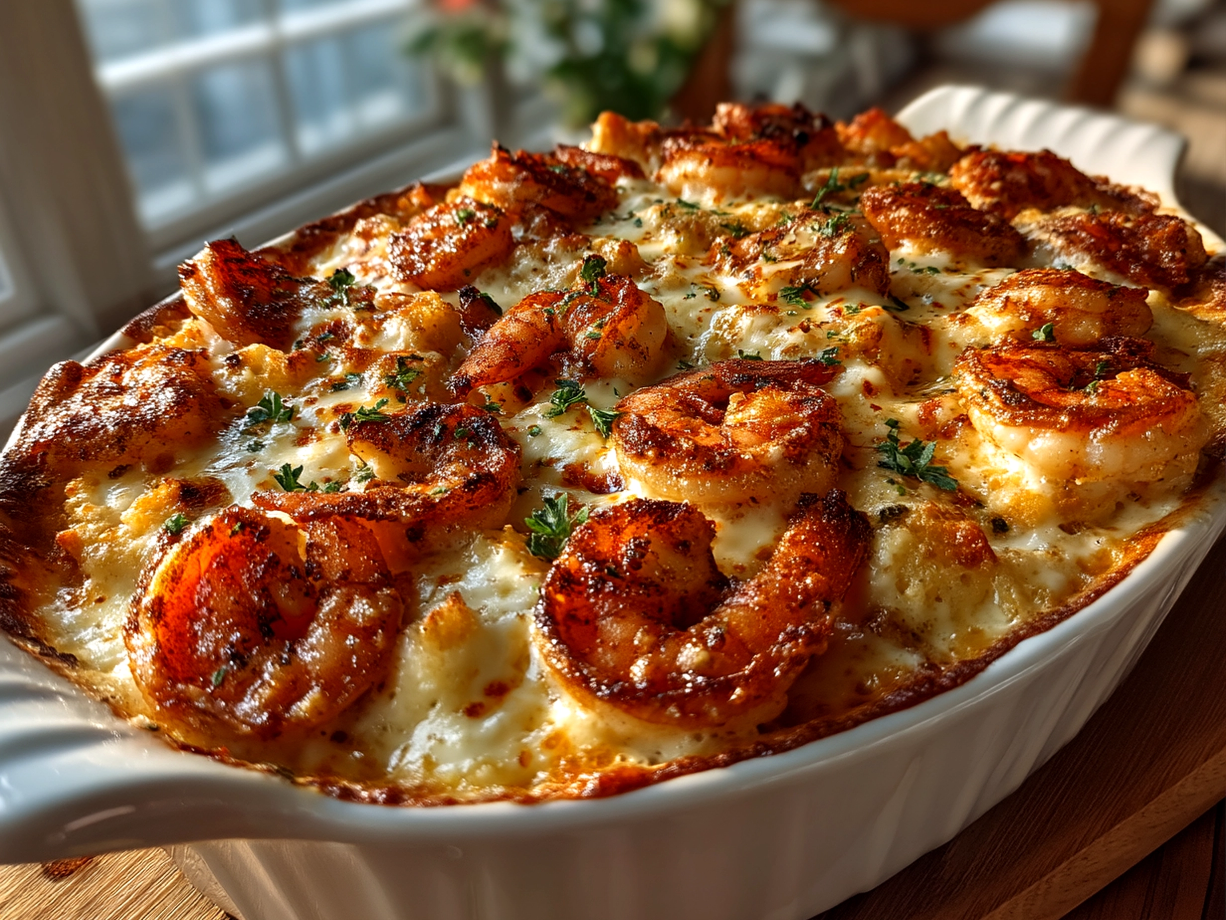 Close-up of finished creamy shrimp casserole with golden breadcrumbs and parsley garnish