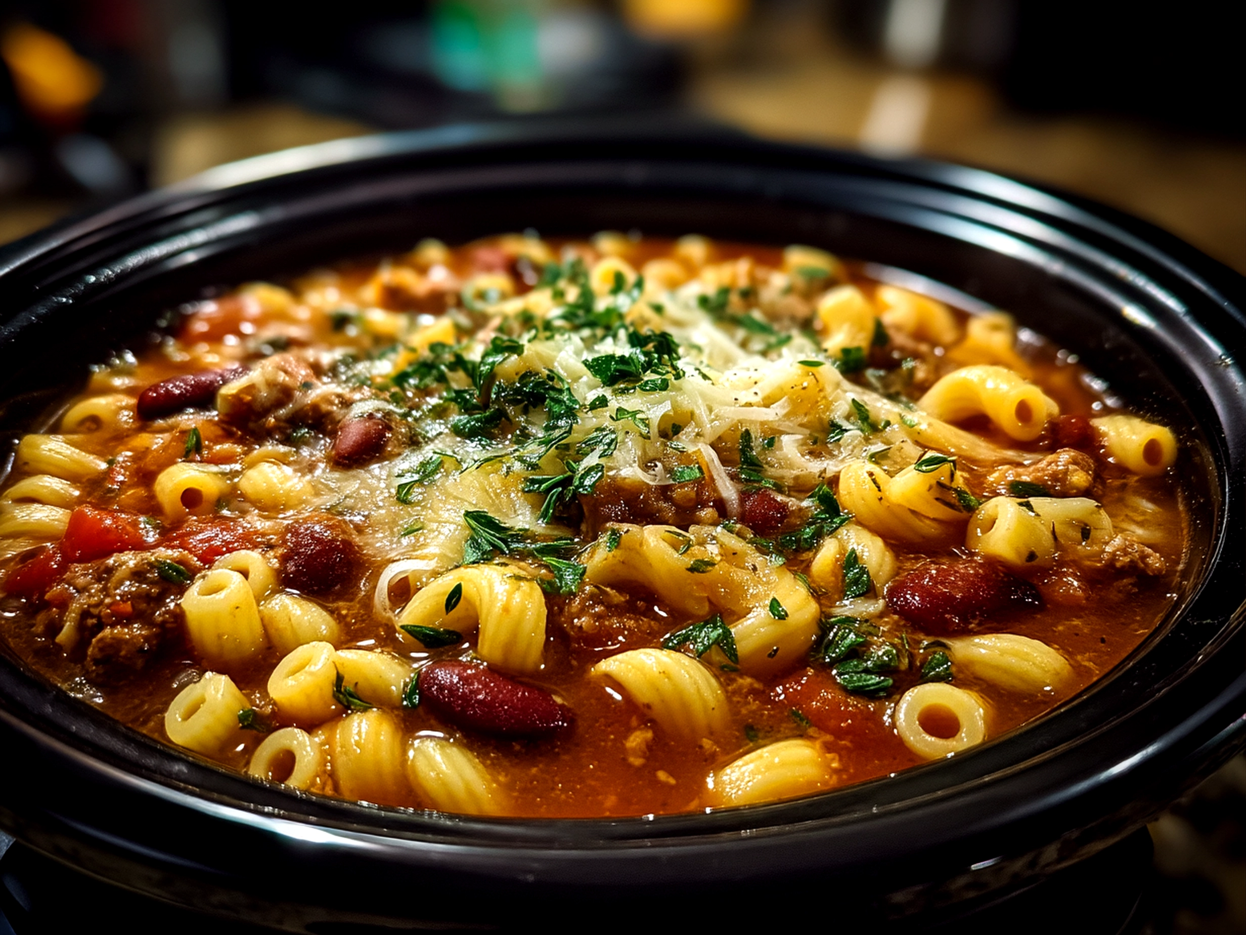 Finished Crock Pot Pasta Fagioli served with fresh herbs in a bowl