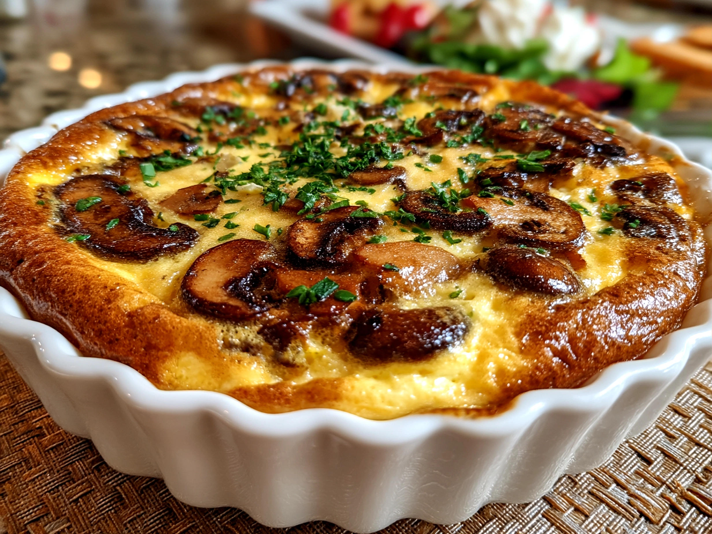 Close-up of finished crustless mushroom quiche with golden top