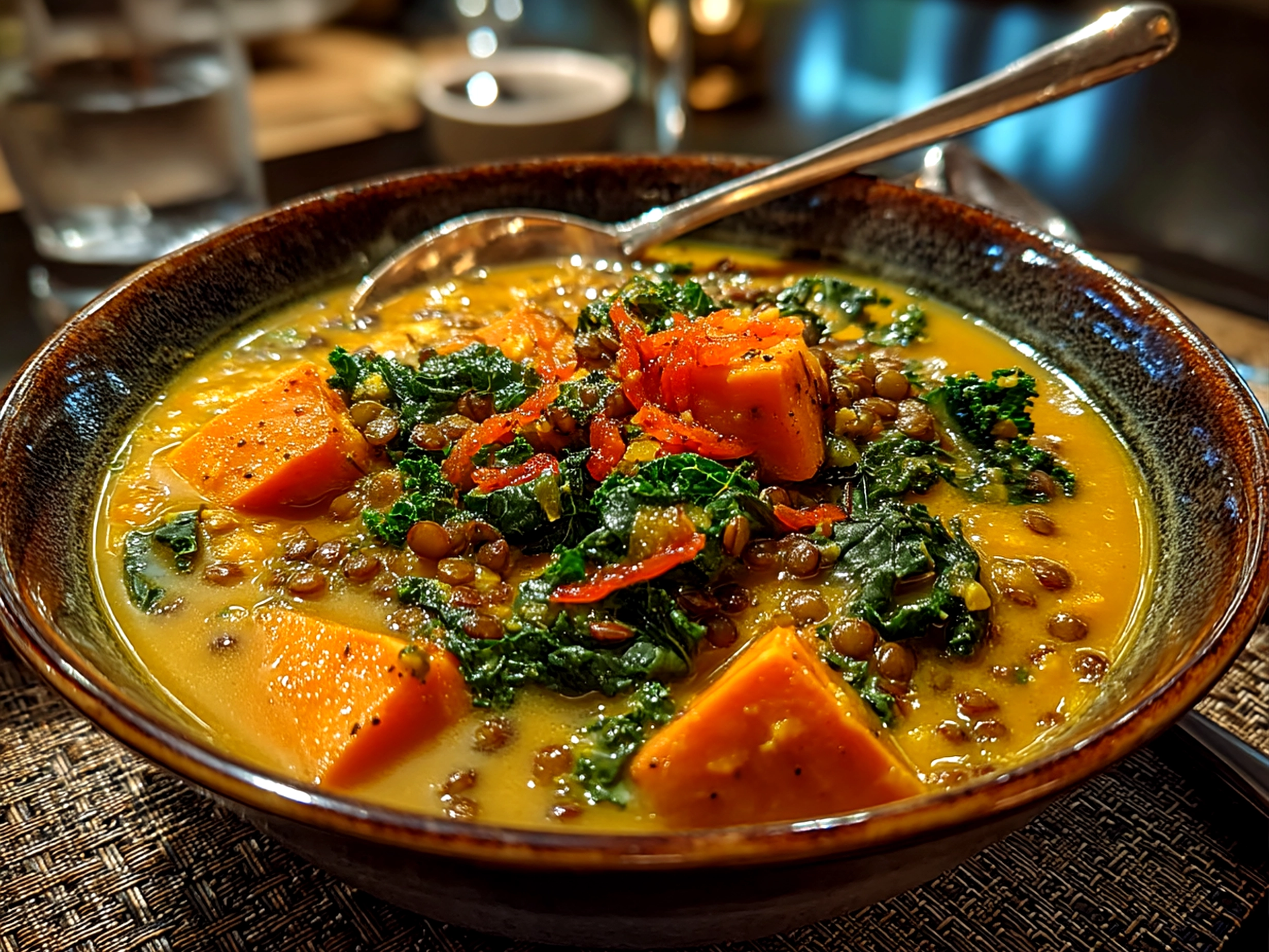 A bowl of finished Ginger Sweet Potato and Coconut Milk Stew with Lentils and Kale garnished with fresh herbs