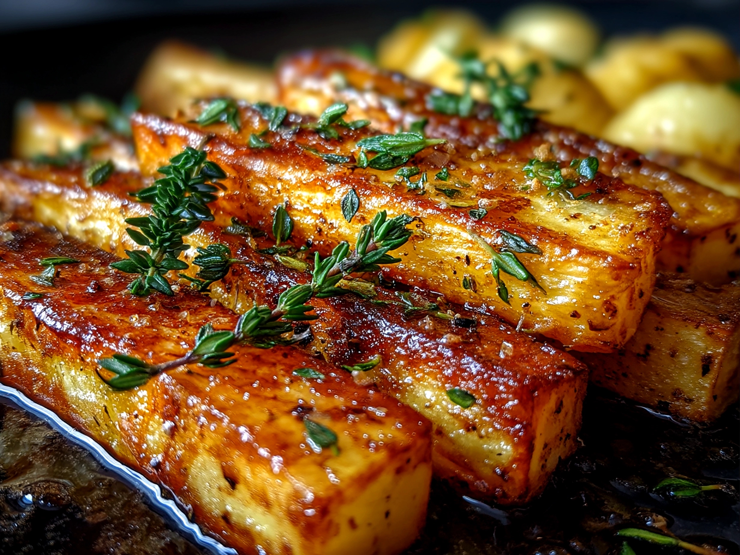 Close-up of finished Maple Roasted Parsnips with Thyme glistening with maple glaze