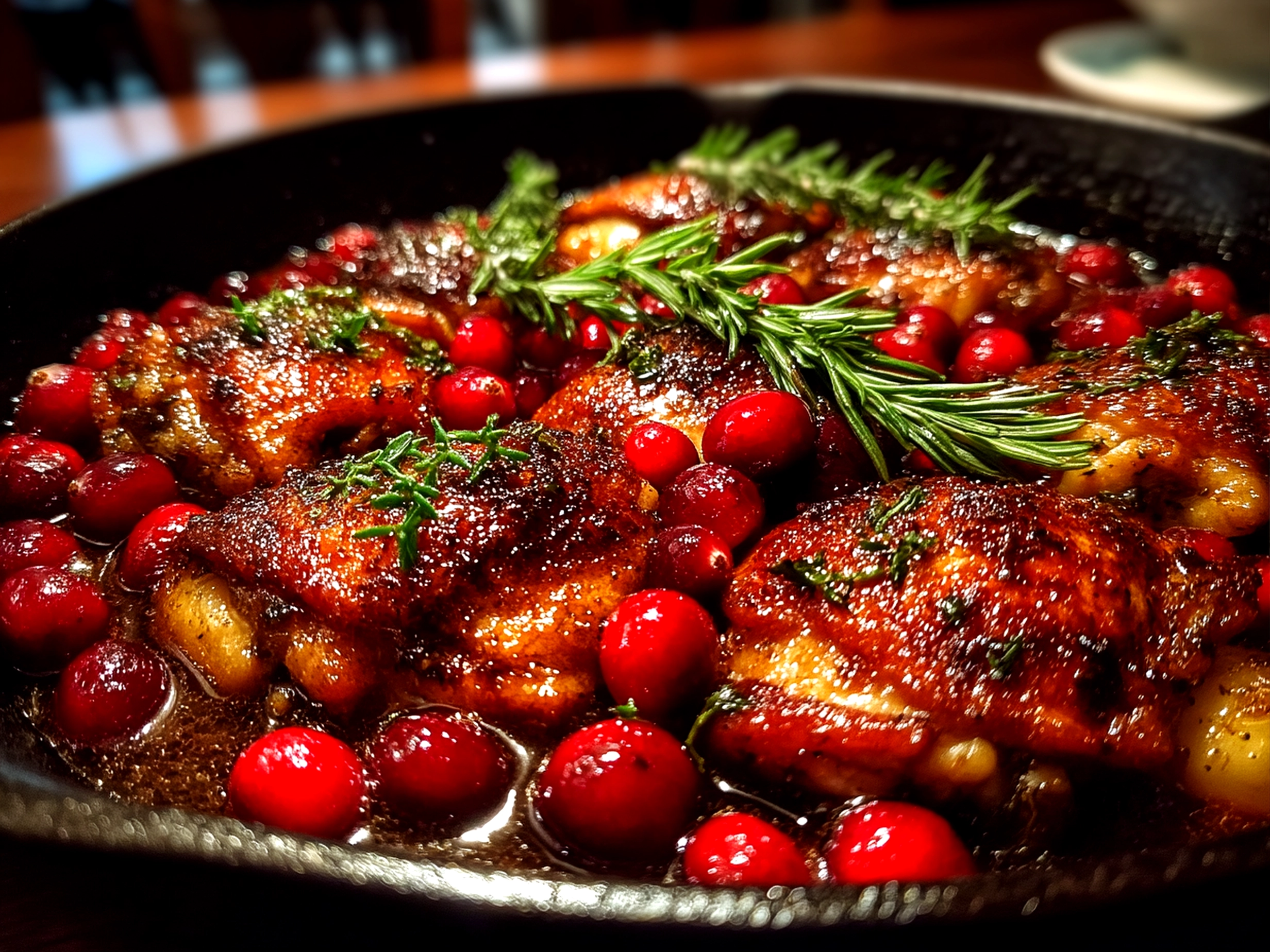 Finished One-Pan Cranberry Rosemary Chicken served on a platter with fresh rosemary and cranberries