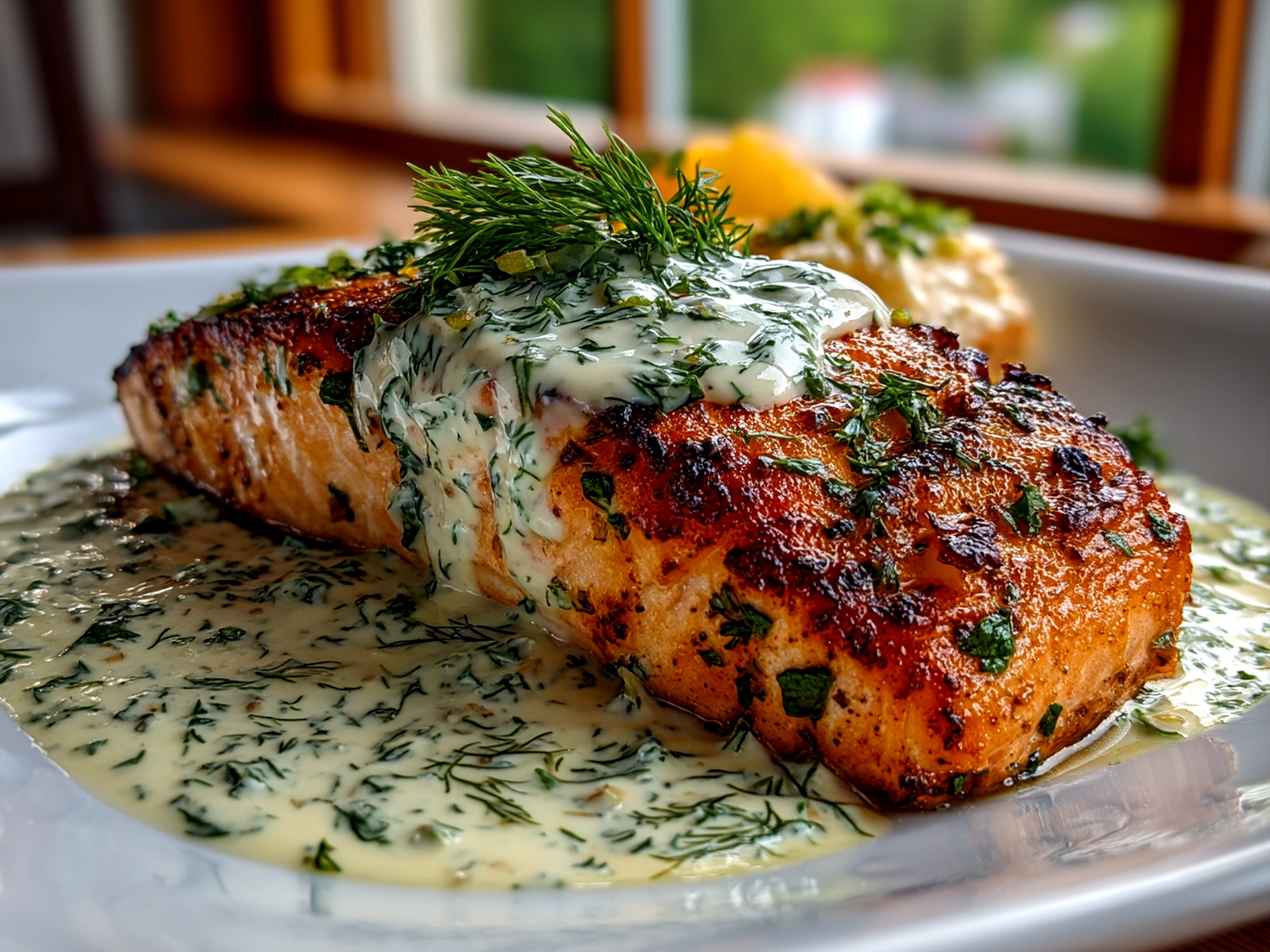Finished plated Dill Salmon with Potato Wedges and creamy dill sauce close-up showing crispy wedges and herb crusted salmon