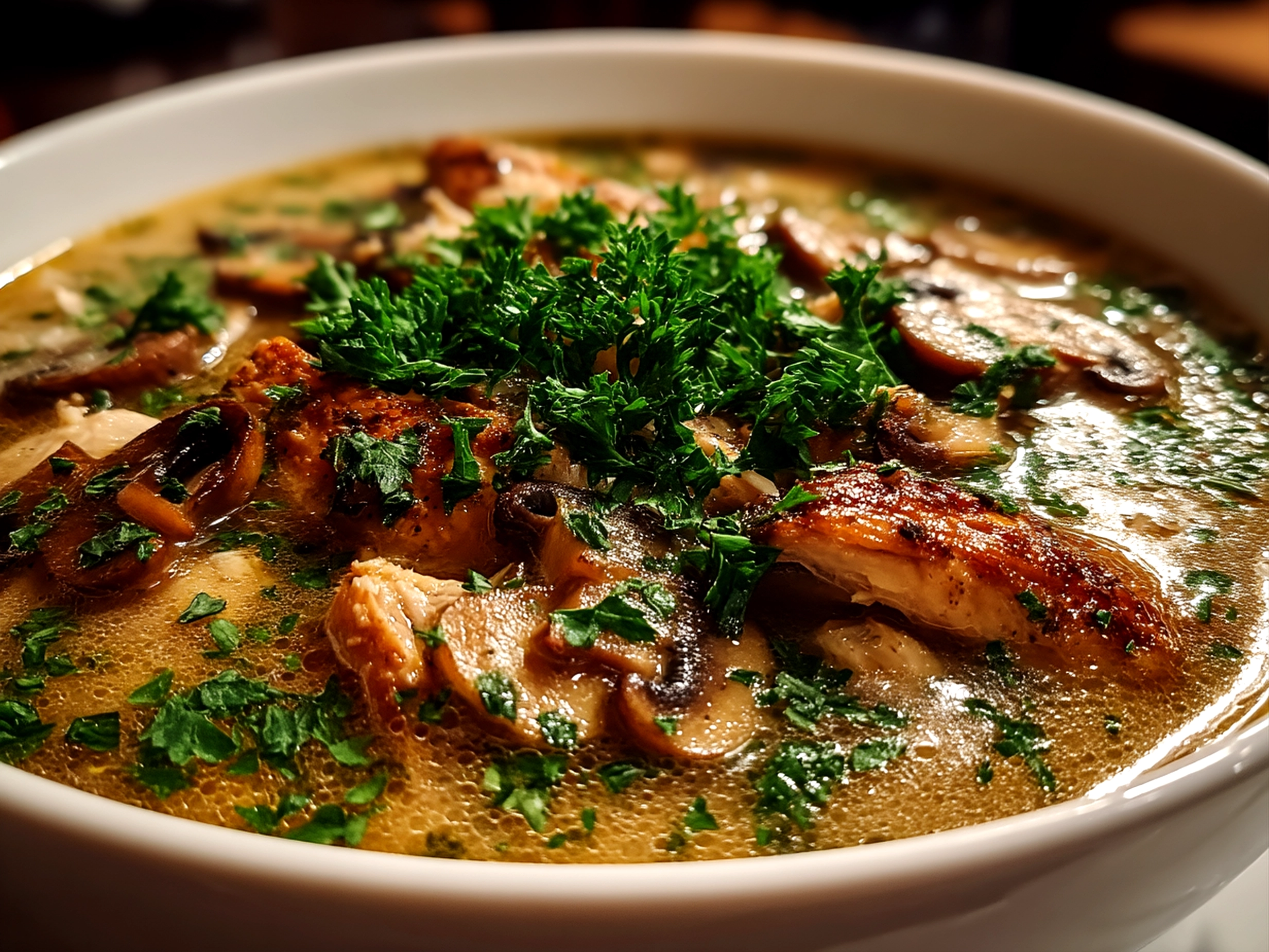 Finished rotisserie chicken and mushroom soup served in a bowl garnished with fresh herbs