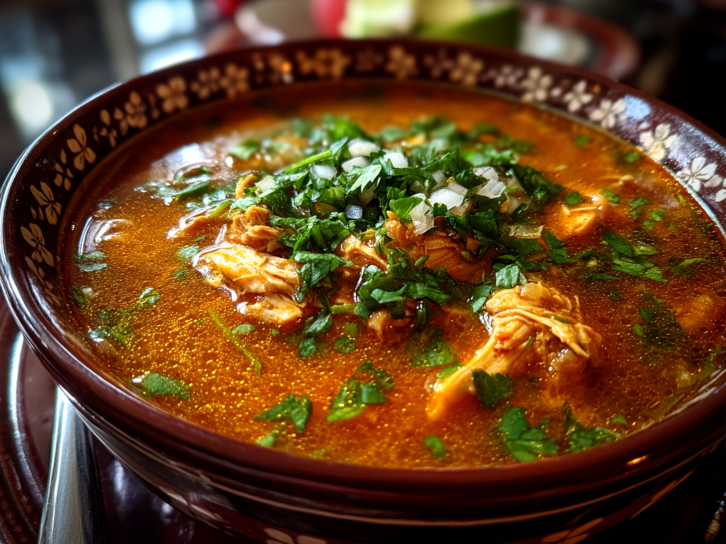 Bowl of Slow Cooker Chicken Posole served with lime wedges and toppings