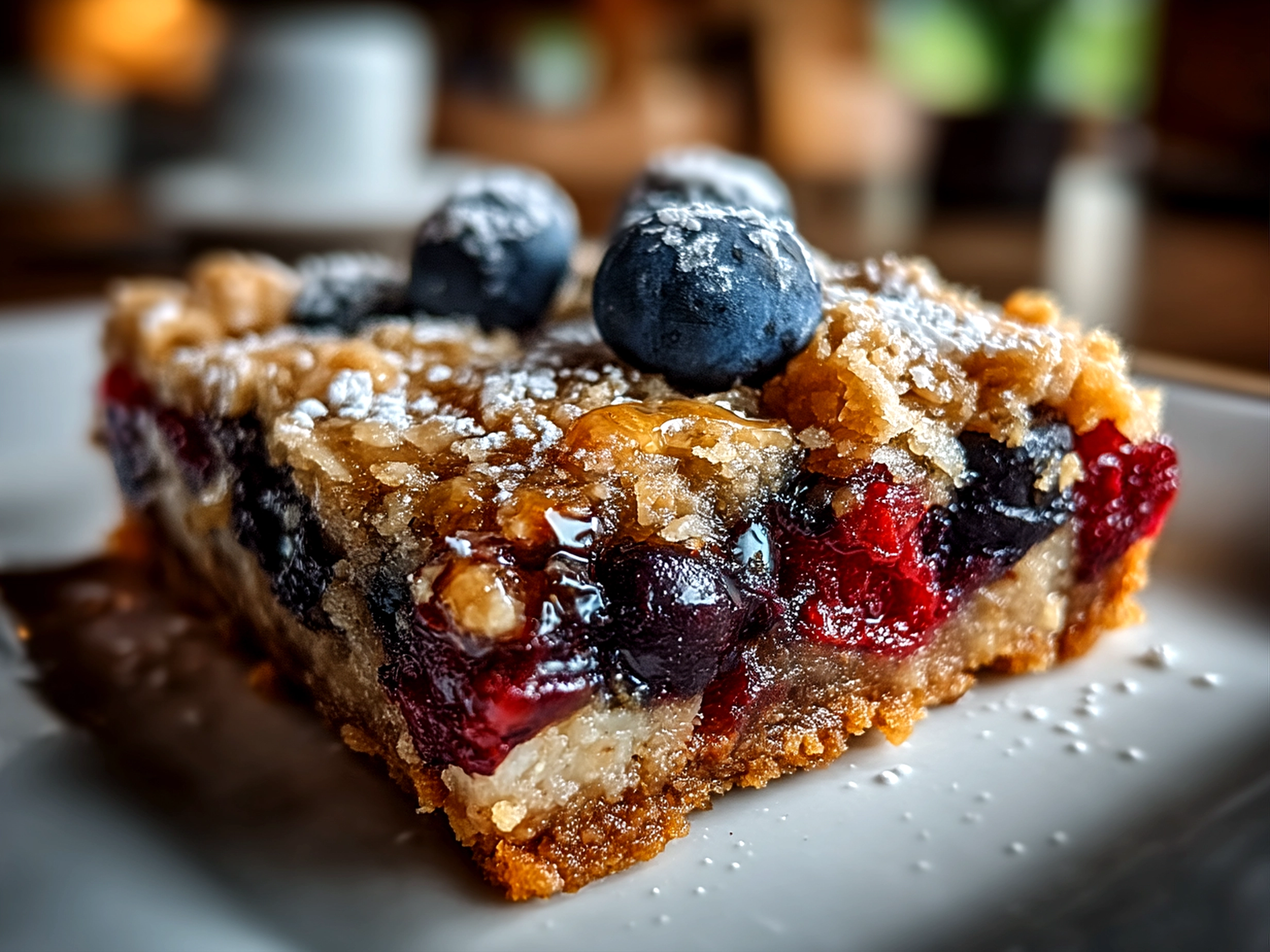 Close up of finished sourdough blueberry breakfast bars with visible blueberries