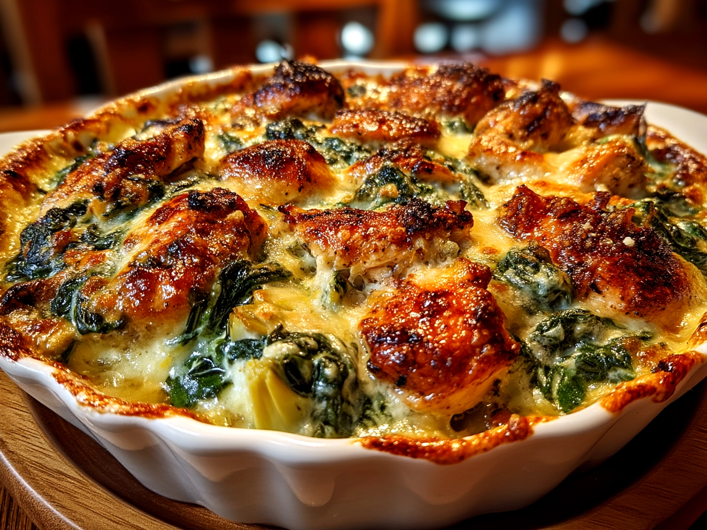 Close up of finished spinach artichoke chicken casserole ready to serve
