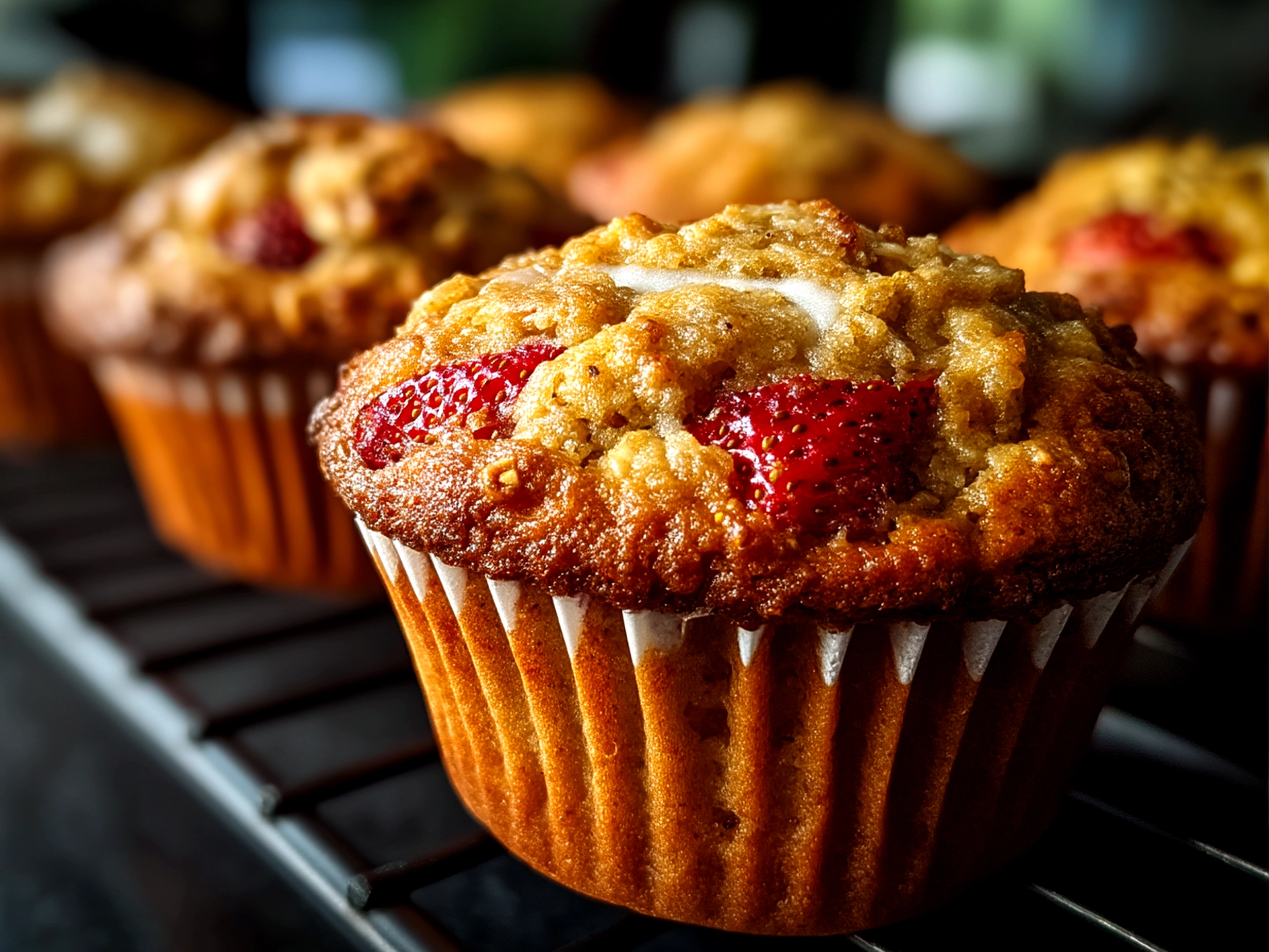 Close-up of finished strawberry oatmeal muffins