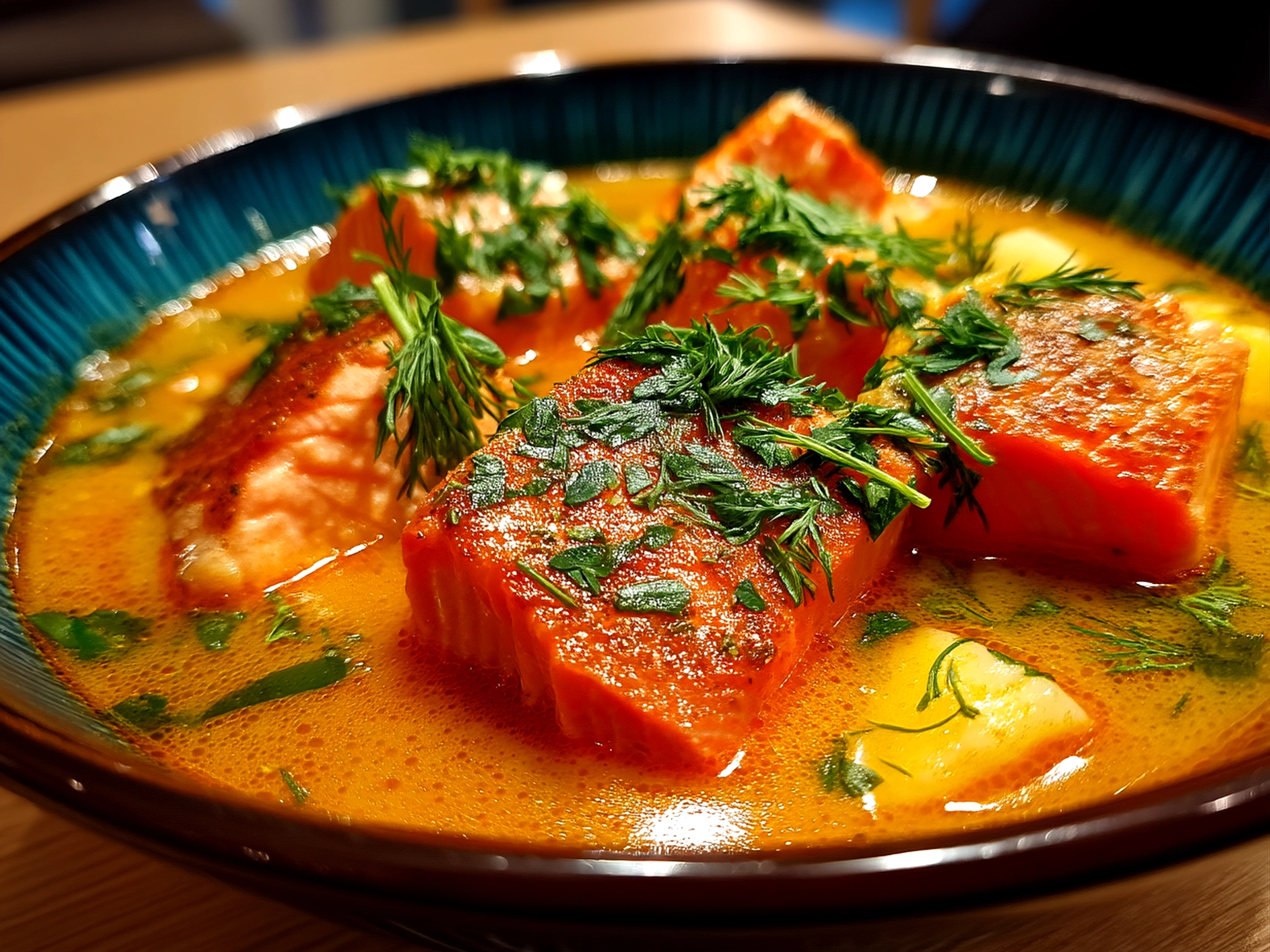 Bowl of creamy Finnish Salmon Soup garnished with fresh dill served with rye bread