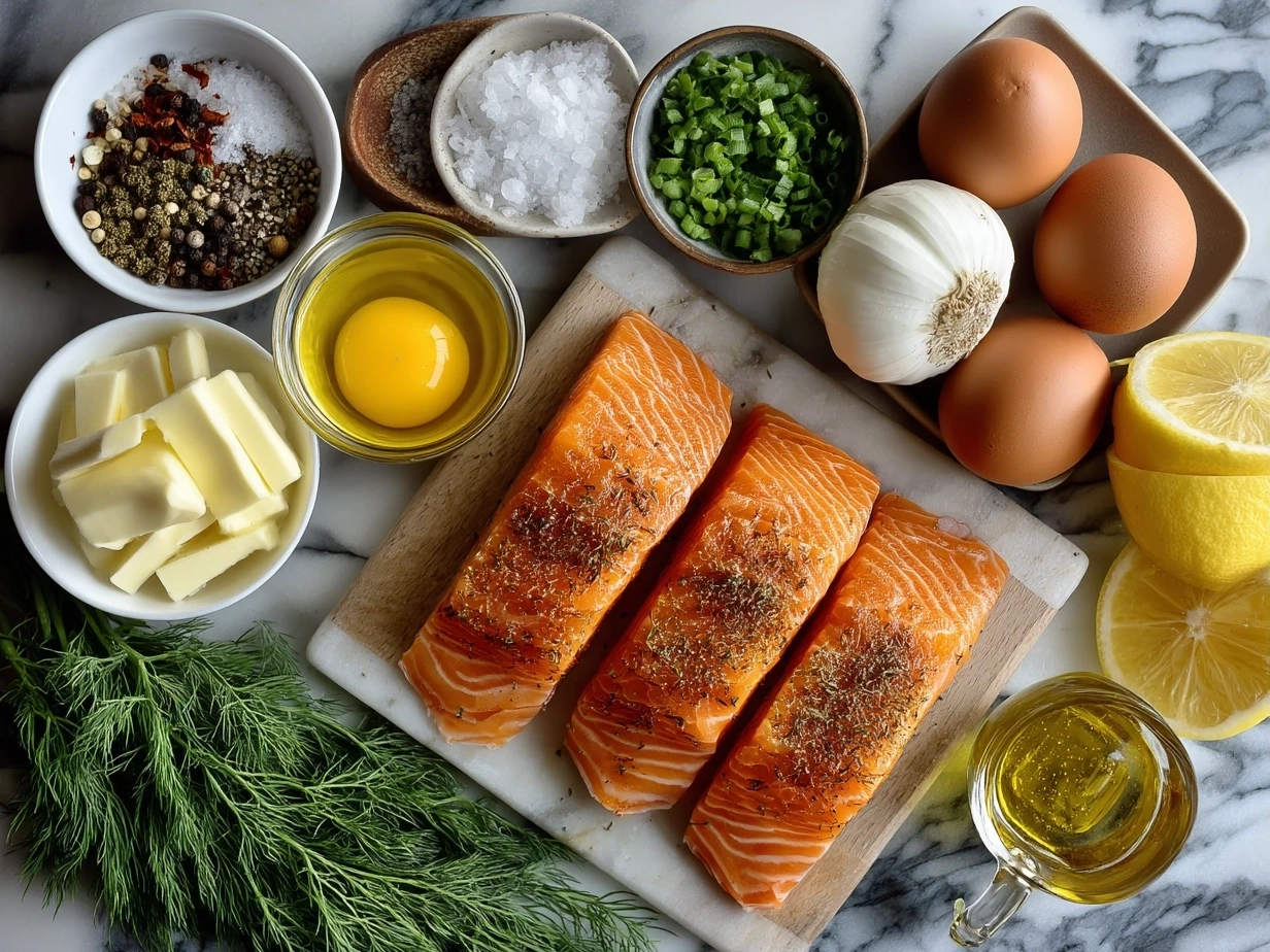 Ingredients for Finnish Salmon Soup including salmon, potatoes, onions, dill, and butter