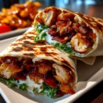 Food blogger, taken with iPhone 14 Pro. Close-up slight angle of delicious chicken bacon wrap on white plate. Mouthwatering --ar 4:3 --style raw --s 220