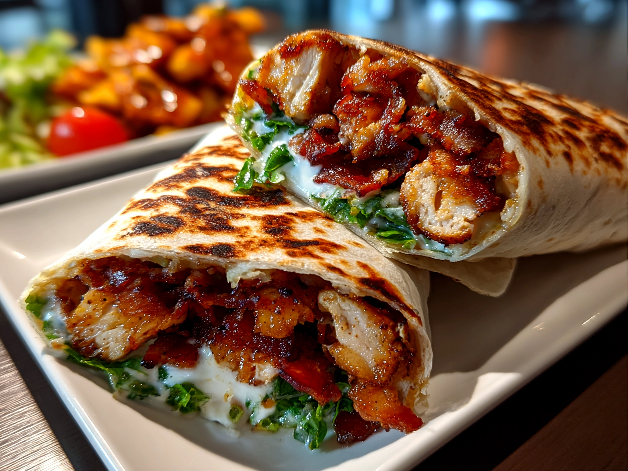 Food blogger, taken with iPhone 14 Pro. Close-up slight angle of delicious chicken bacon wrap on white plate. Mouthwatering --ar 4:3 --style raw --s 220