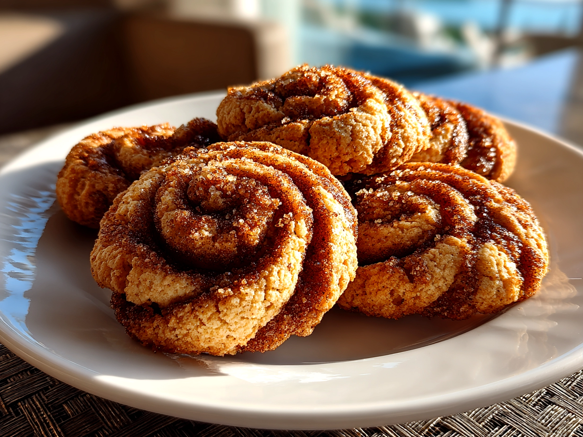 Freshly baked cinnamon-swirled cookies on a ceramic plate