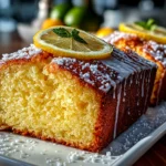 Freshly baked lemon bread loaf on white plate