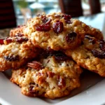 Freshly baked oatmeal cranberry pecan cookies on white plate