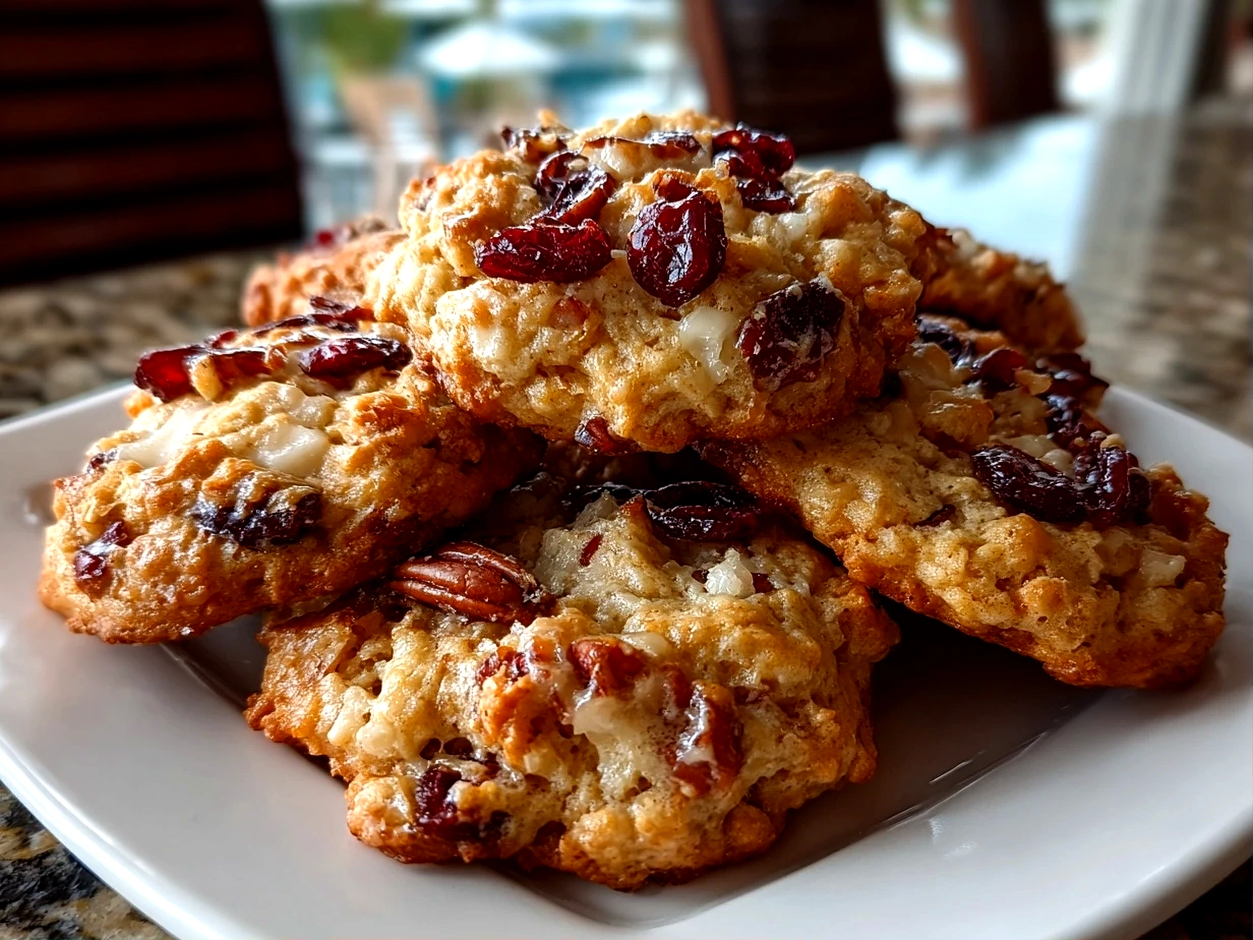 Freshly baked oatmeal cranberry pecan cookies on white plate