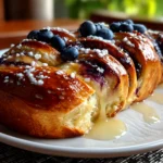 Freshly prepared Blueberry Lemon Sourdough Babka on white plate