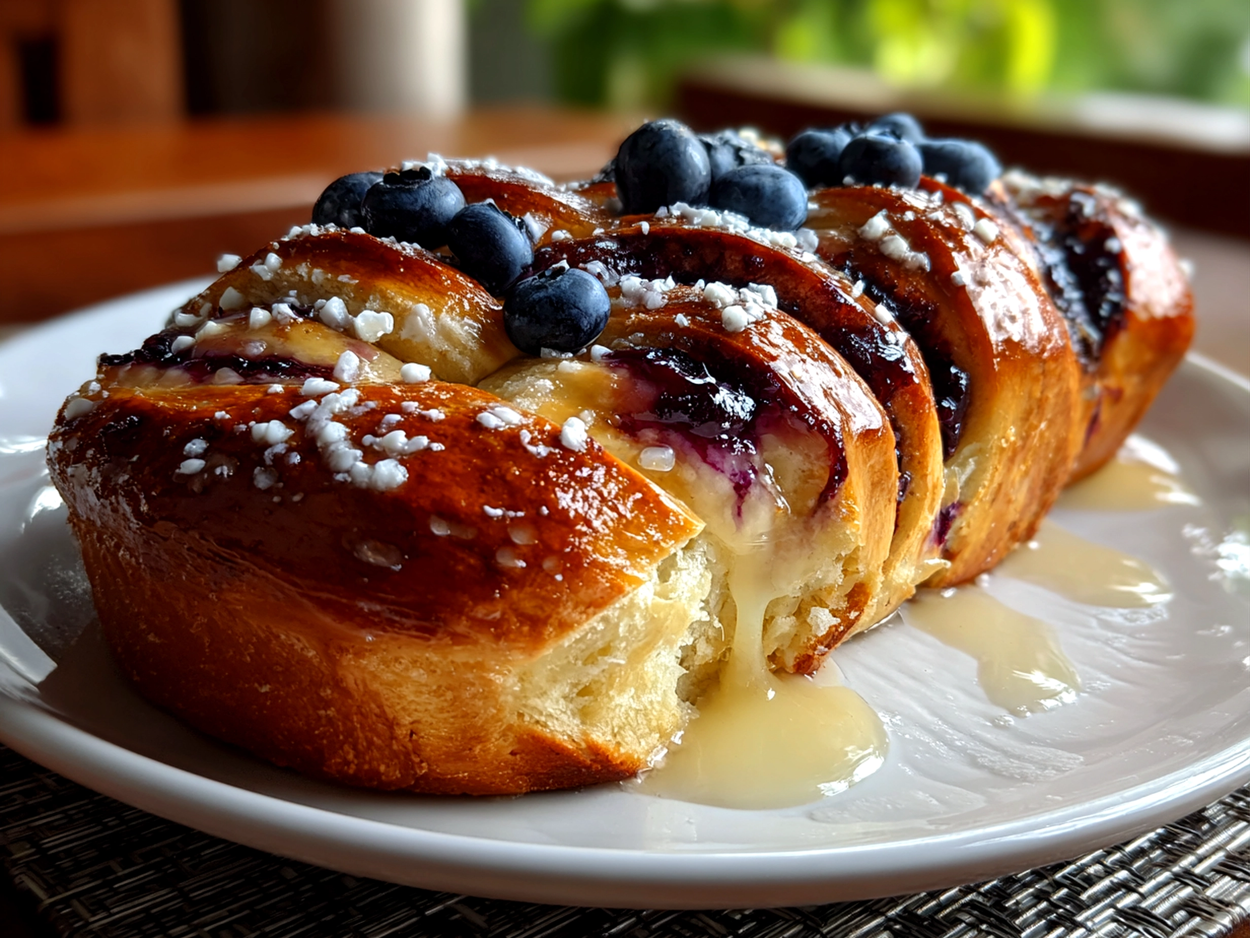 Freshly prepared Blueberry Lemon Sourdough Babka on white plate