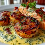 Freshly prepared Cajun shrimp and salmon on white plate