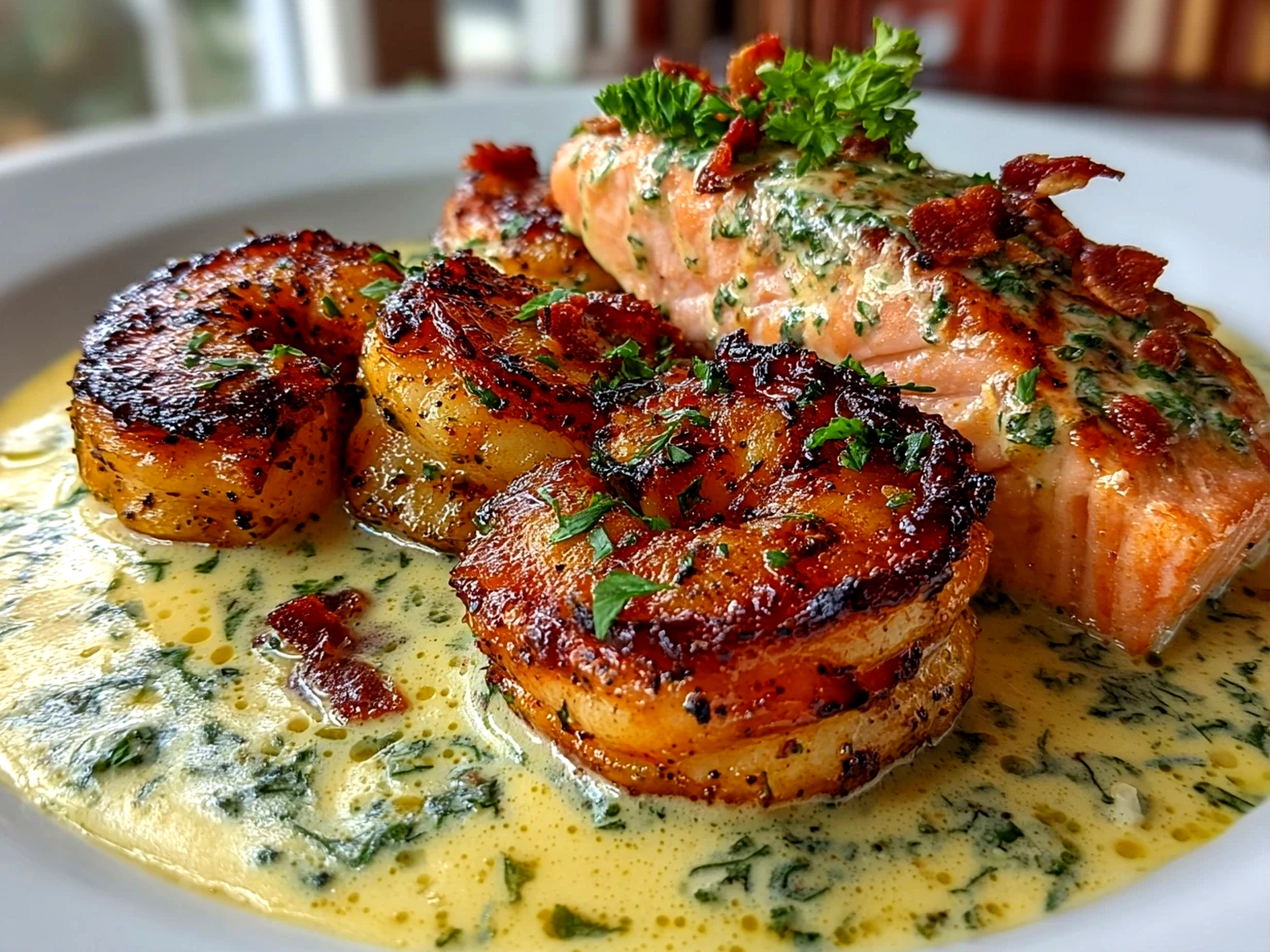 Freshly prepared Cajun shrimp and salmon on white plate
